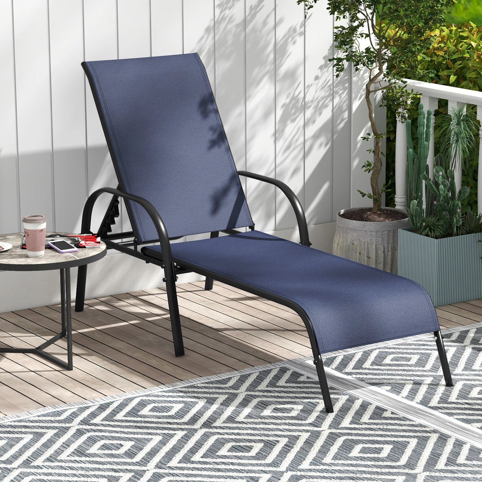 SUGIFT 350-lb Capacity Navy 5-Position Adjustable Folding Chaise Lounge Chair with Powder Coated Steel Frame