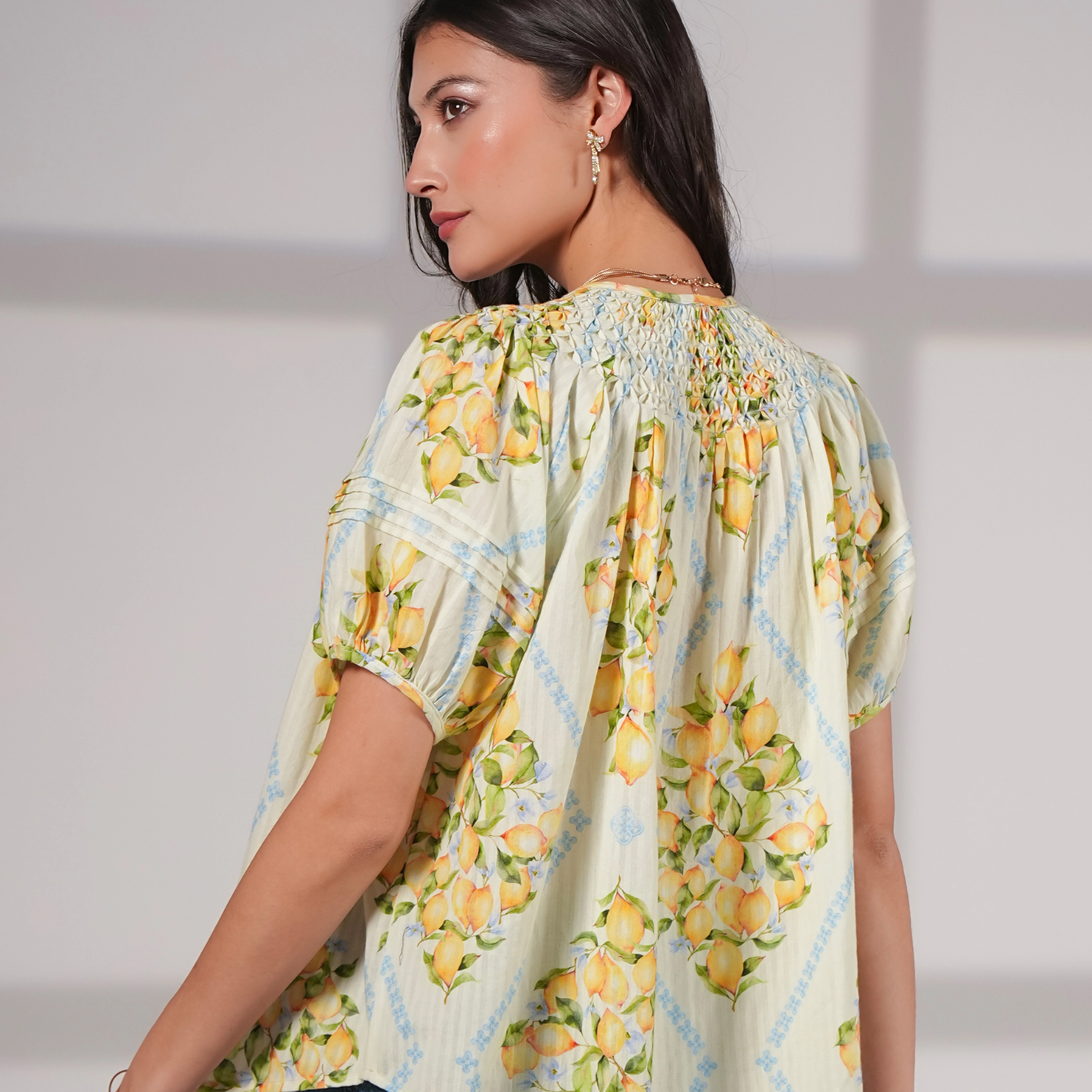 Rose & Nancy Women's Kirsten Lemon Print Smock Detail Cotton Blouse