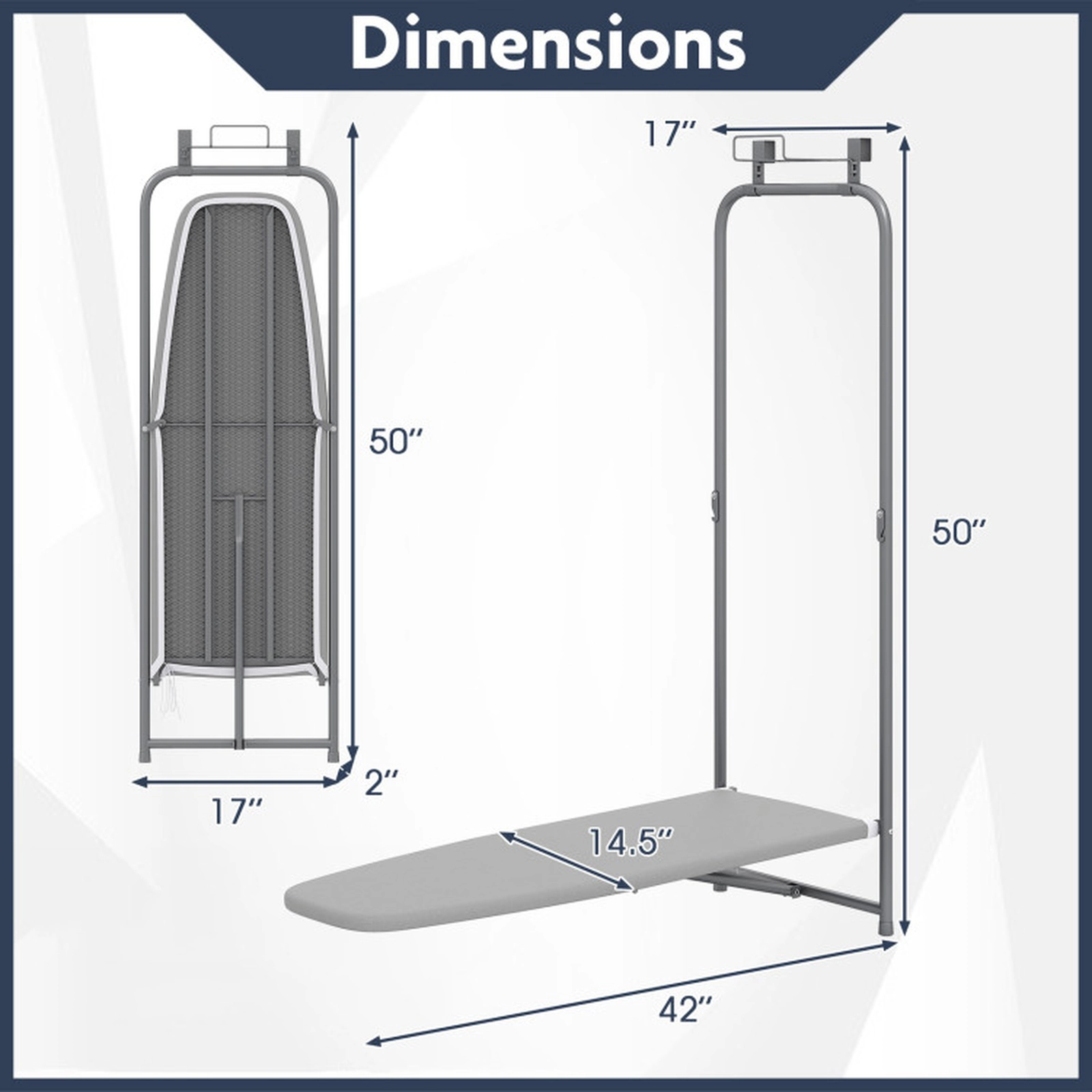 SUGIFT Gray Over the Door Folding Ironing Board with 42-in x 14.5-in Surface Iron Holder and Metal Frame