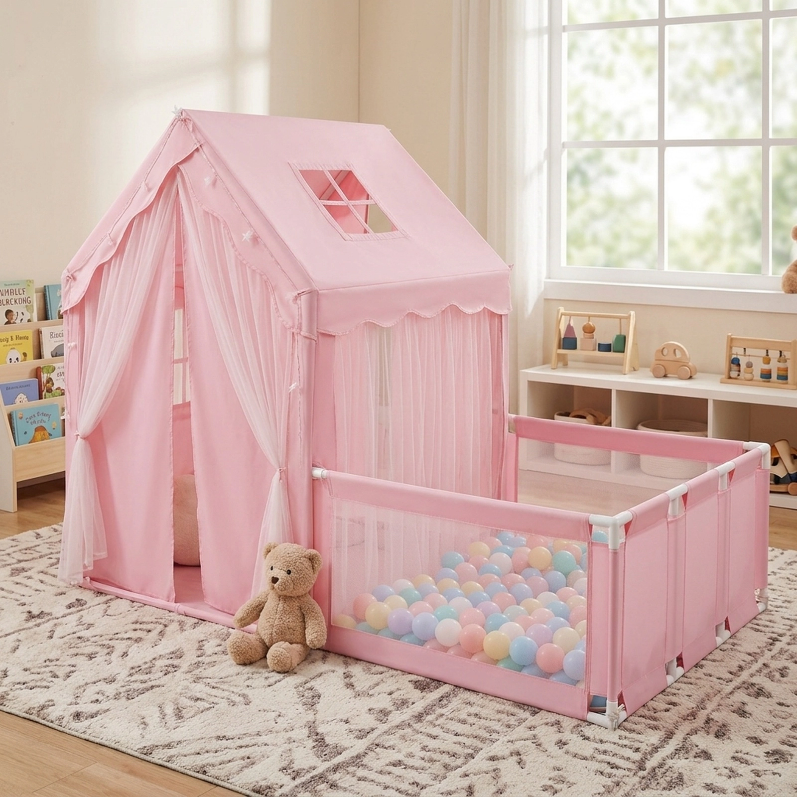 Kids Play Tent with Playpen 2-in-1 Indoor Playhouse with Attached Play Yard Star Light String Washable Mat 2 Doors Pink