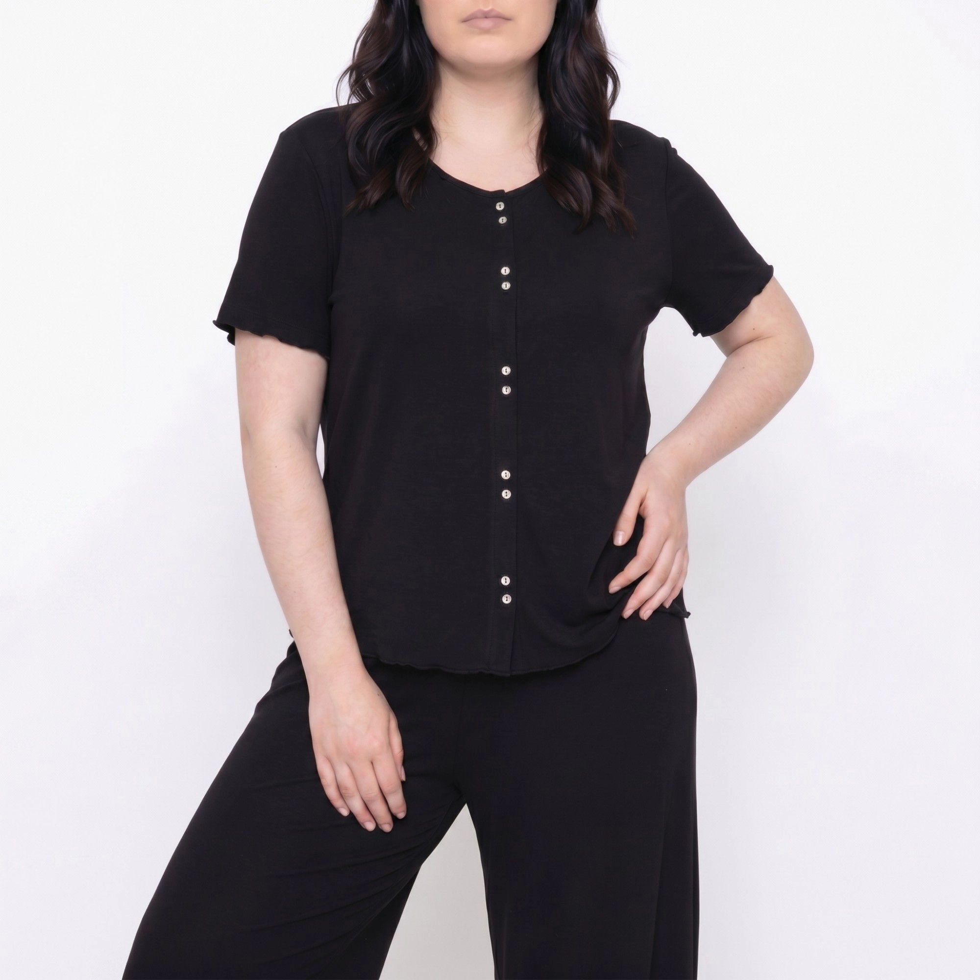 Anna-Kaci Women's Plus 2-Piece Short Sleeve Button Front Pajama Top and Wide Leg Pants Sleepwear Lounge Set