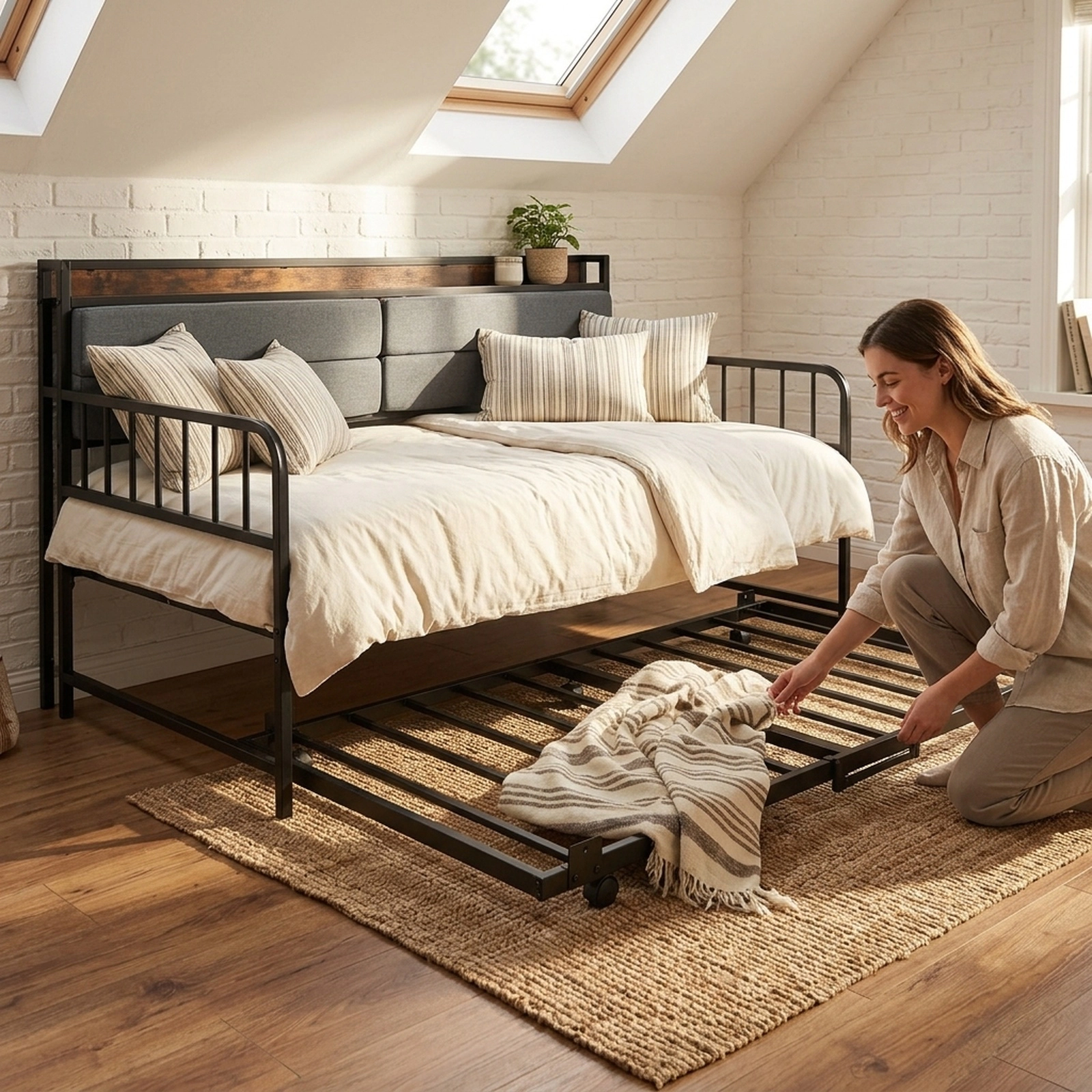 SUGIFT Twin Size LED Lights Charging Station Trundle Metal Daybed 77-in x 45-in x 45-in 480-lb Capacity Rustic Brown