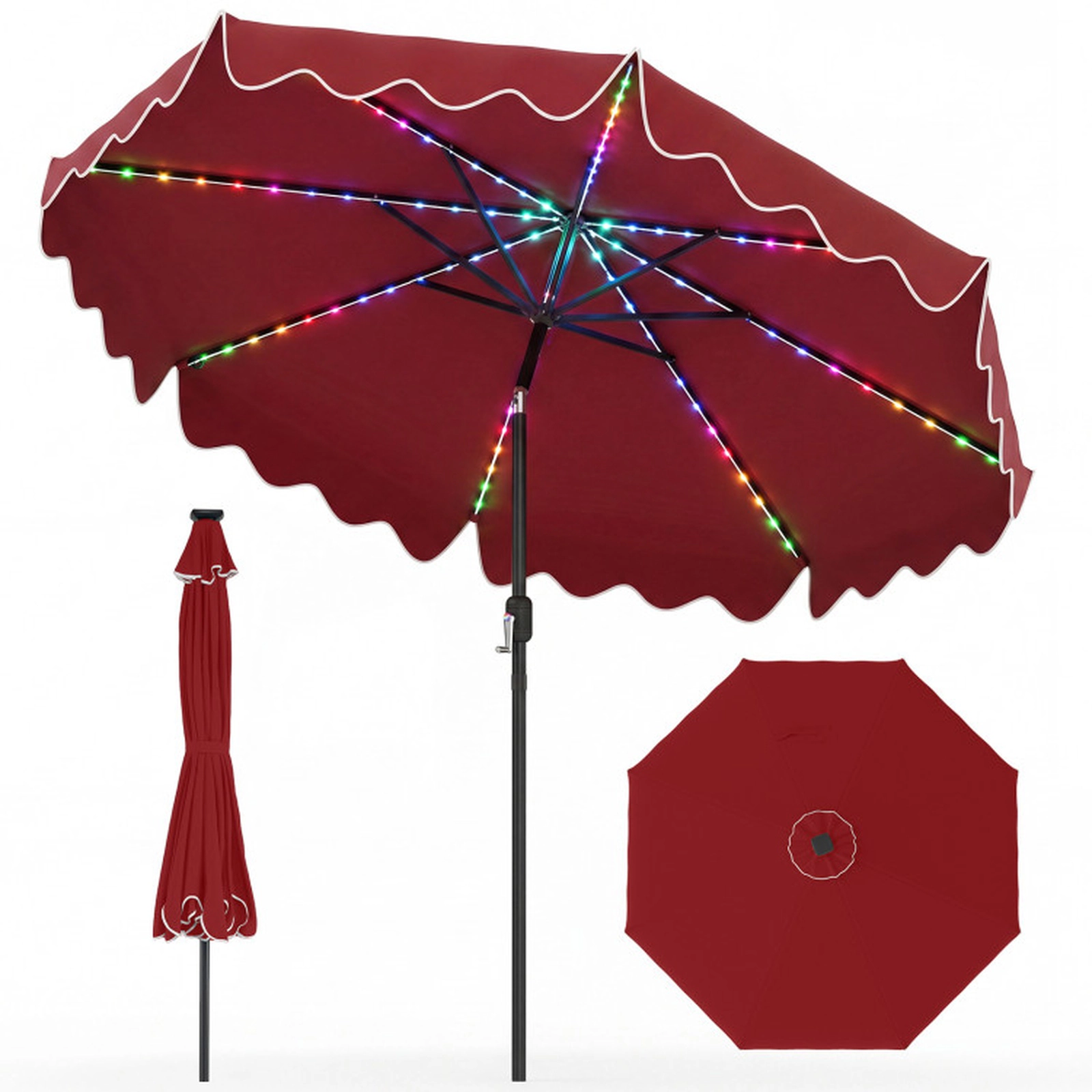 SUGIFT 104-LED Solar 9-ft Patio Umbrella with Color-Changing Lights 8.2-ft Tall with Crank and Tilt 2-Piece Wine