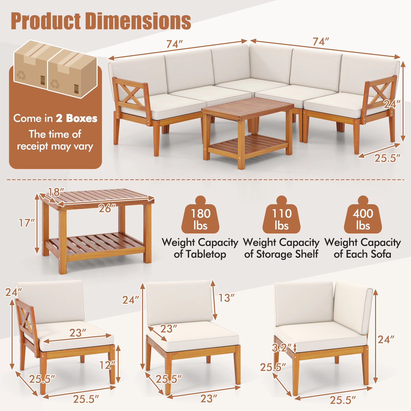 SUGIFT 6-Piece White Acacia Wood Outdoor Sectional Sofa Set with 2-Tier Coffee Table