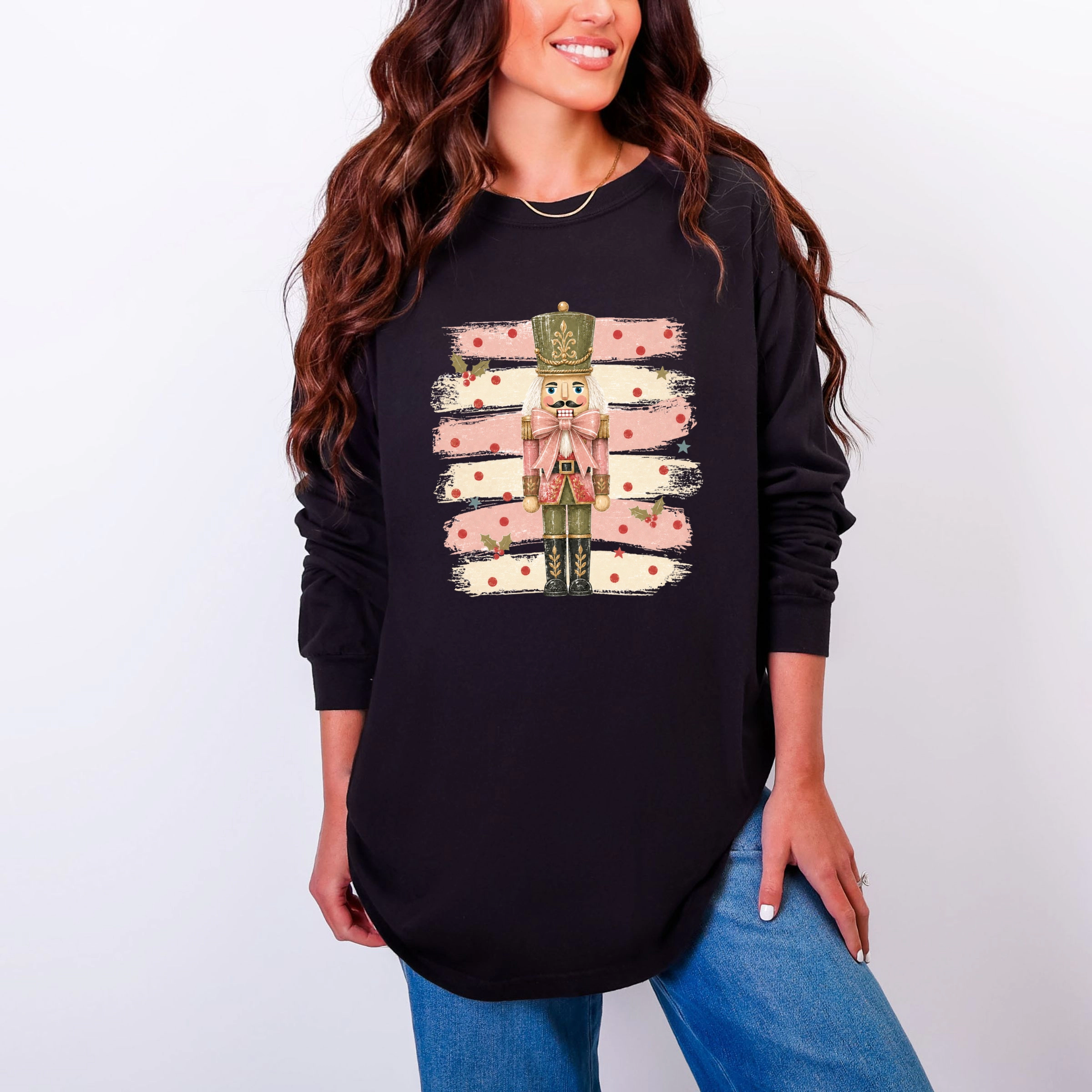 Simply Sage Market - Women's Garment Dyed Long Sleeve Graphic T-Shirt Nutcracker Stripes and Polka Dots