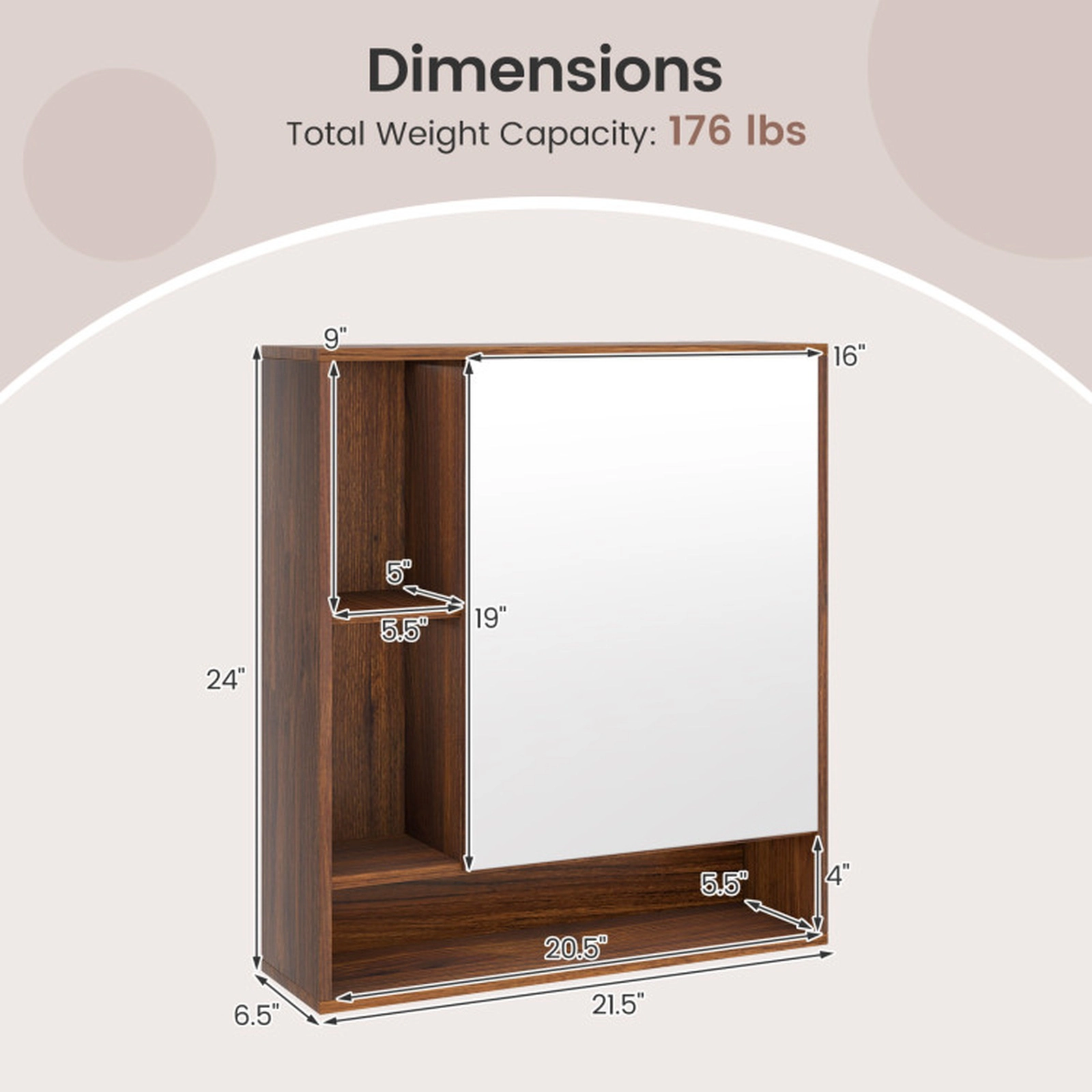 SUGIFT Walnut 176-lb Capacity Wall Mounted Bathroom Mirror Cabinet with Single Door and Open Shelves
