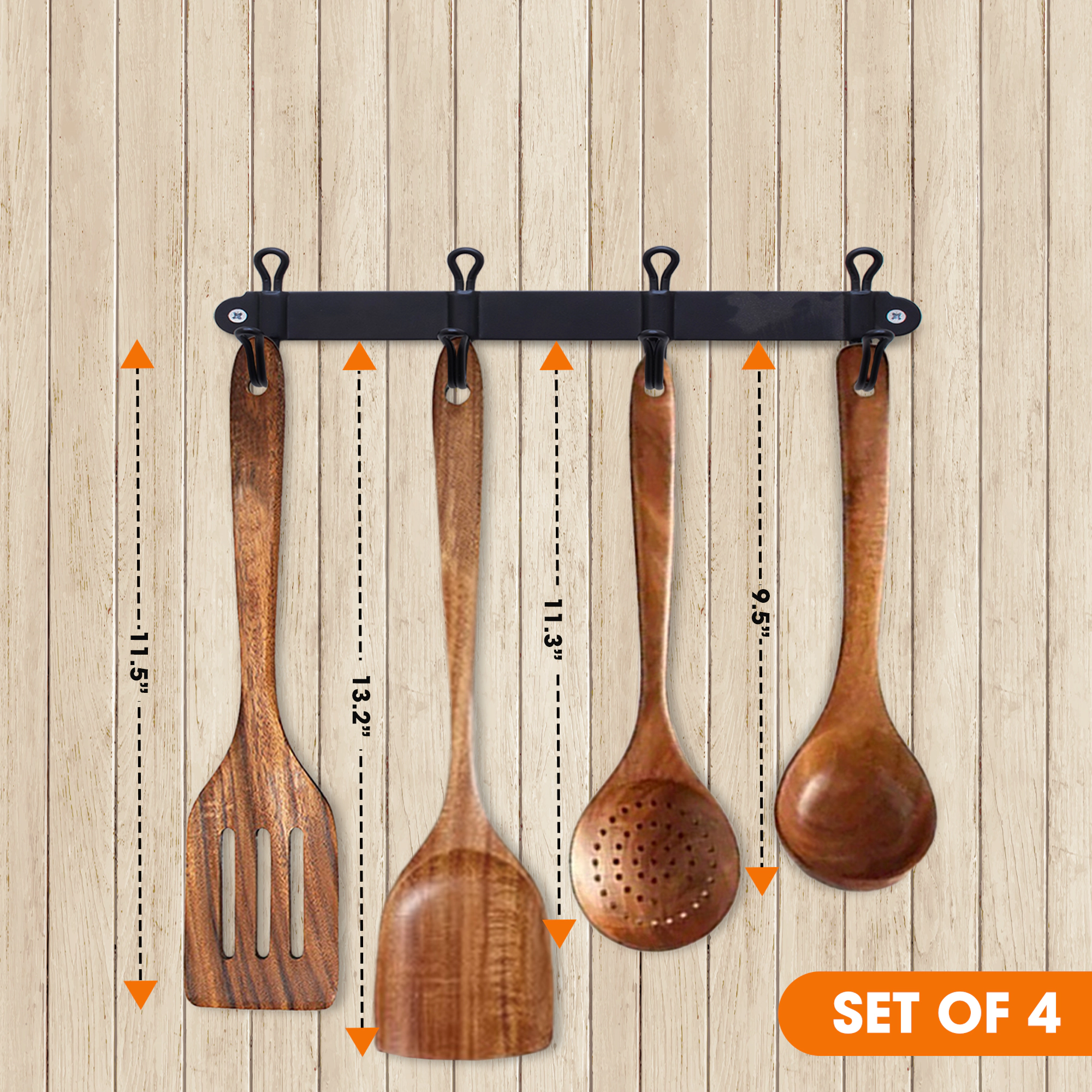 Cheer Collection 4-Piece Teak Wood Cooking Utensil Set with Spatulas and Spoons