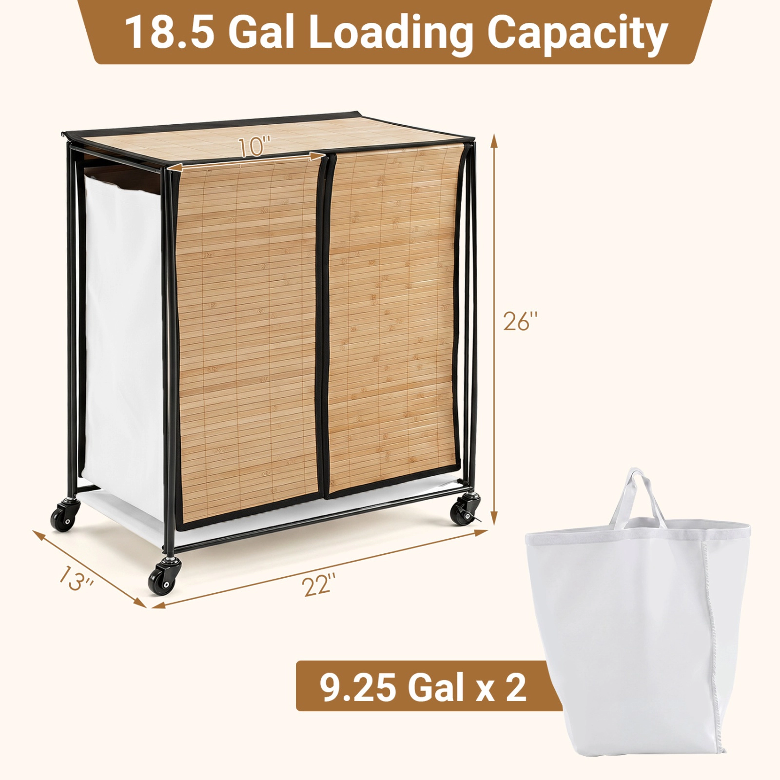 SUGIFT 18.5 Gallon Laundry Hamper Natural 2-Section with Lid and Lockable Wheels