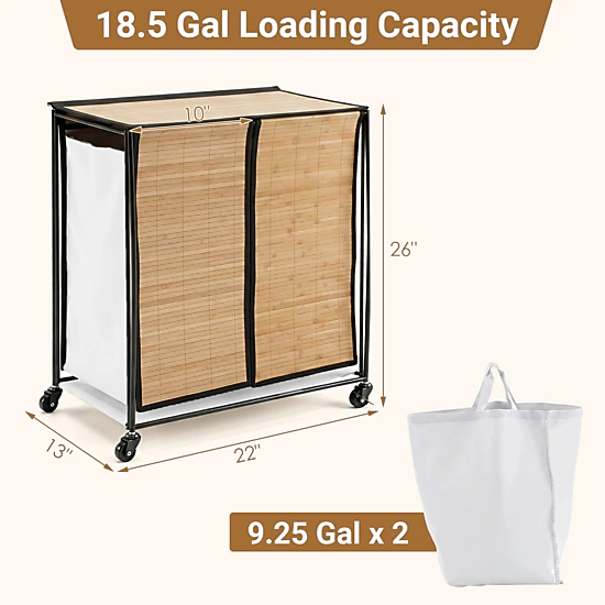SUGIFT 18.5-Gallon 2-Section Laundry Sorter Hamper with Lid and Lockable Wheels 22-in W 13-in D 26-in H Natural