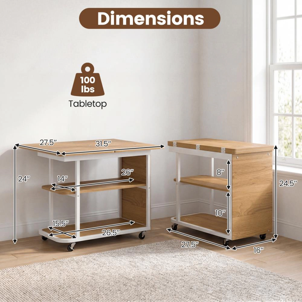 Hivvago Mobile Night Stand With Foldable Swivel Top And 2-Tier Shelf For Small Spaces
