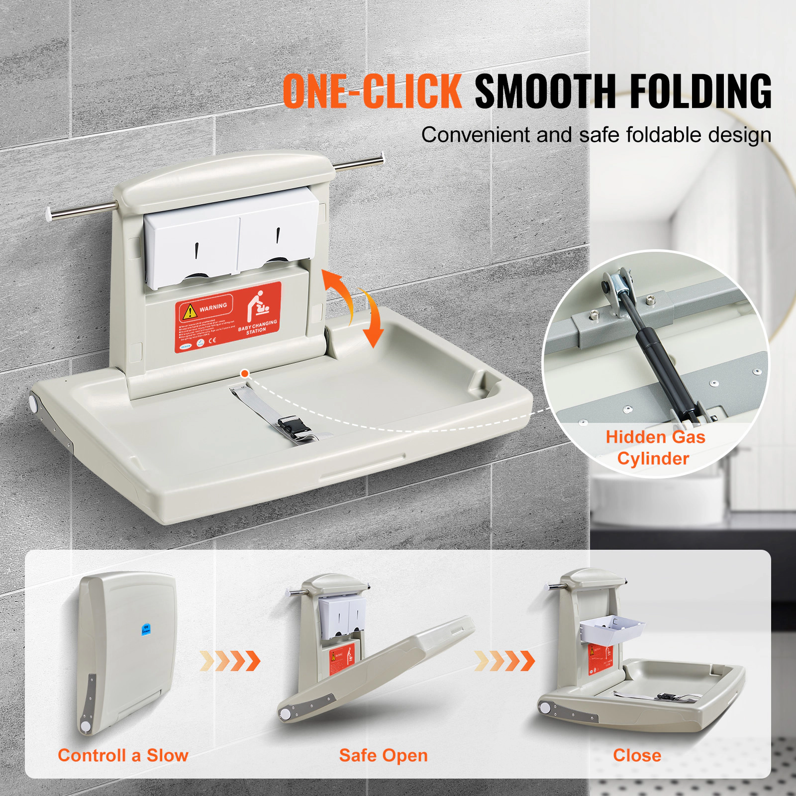 HONGGE Wall-Mounted Baby Changing Station with L-Shaped Fold, Safety Strap, for Commercial Bathrooms & Daycares