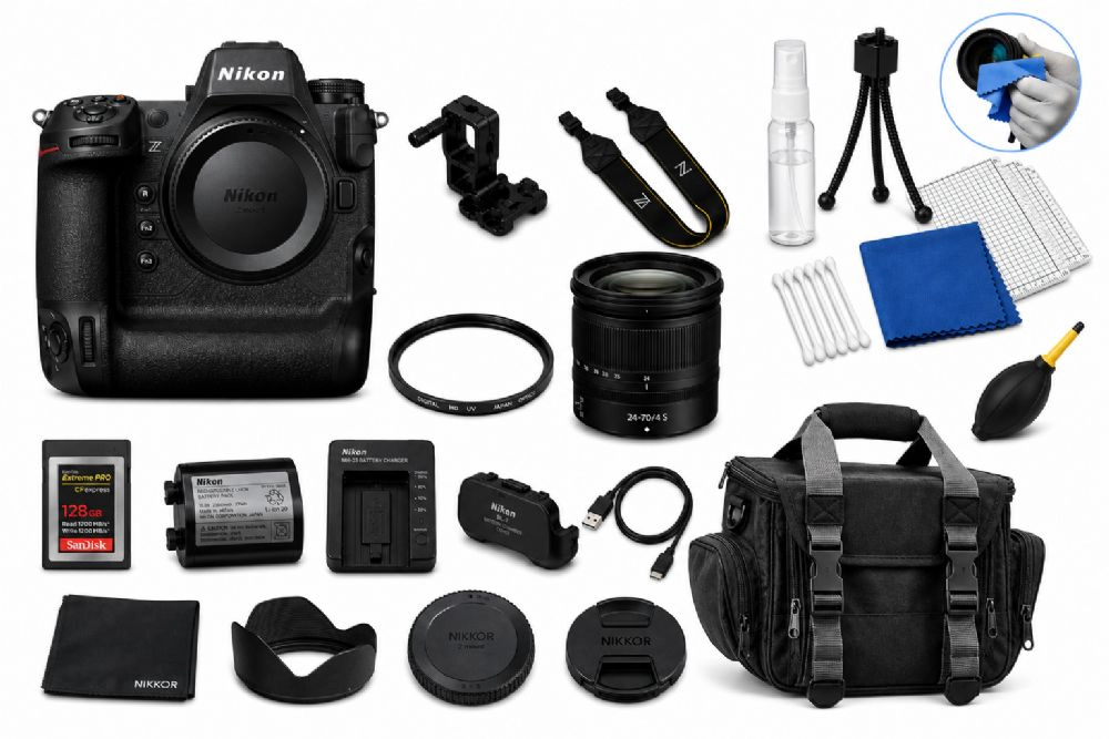 Nikon Z9 Mirrorless Camera with Nikon Z 24-70mm f/4 S Lens + SanDisk 128GB Extreme PRO CFexpress Memory + Padded