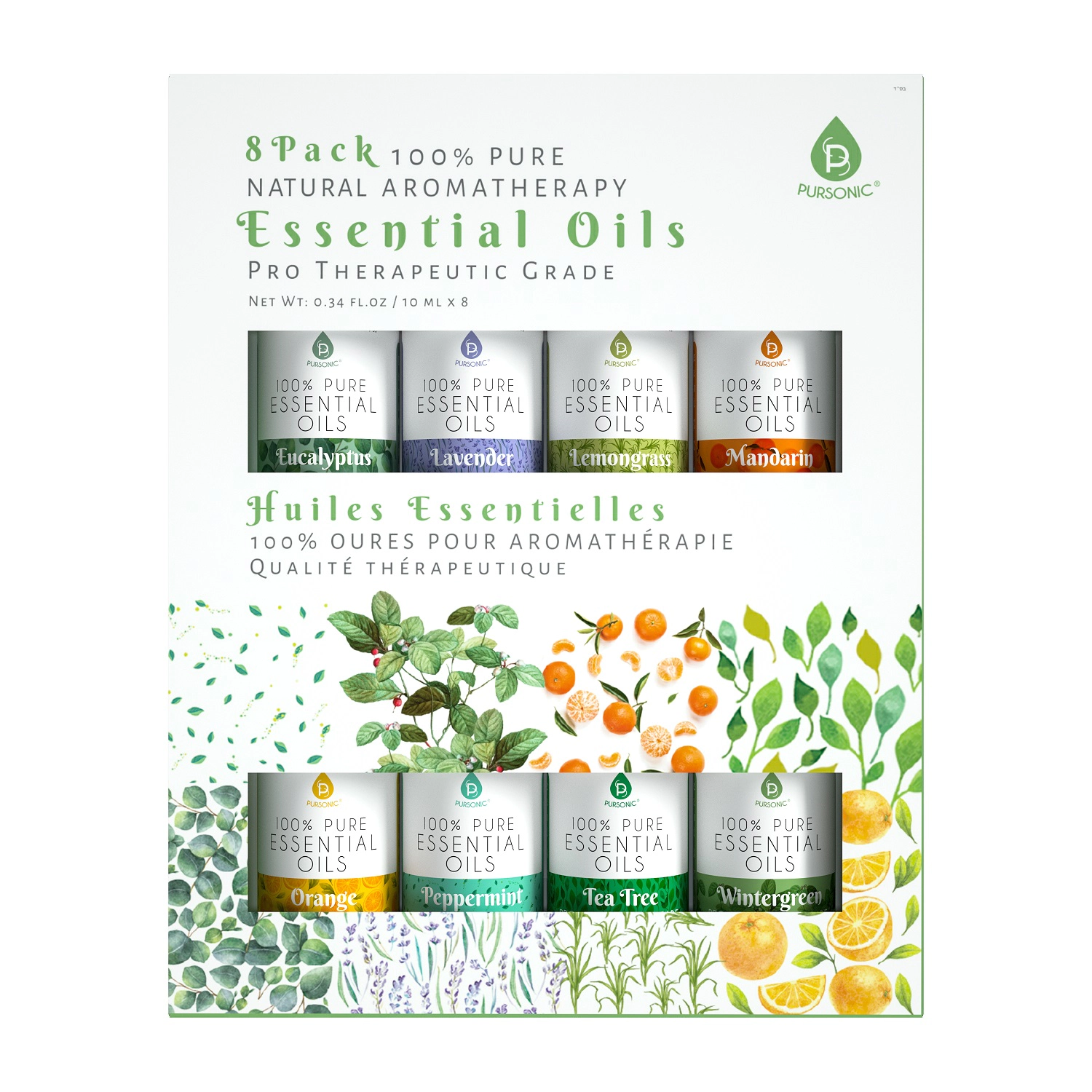 Pursonic Unisex 100% Pure Aromatherapy Essential Oil Collection – 8-Pack Natural Therapeutic Grade Oils Set