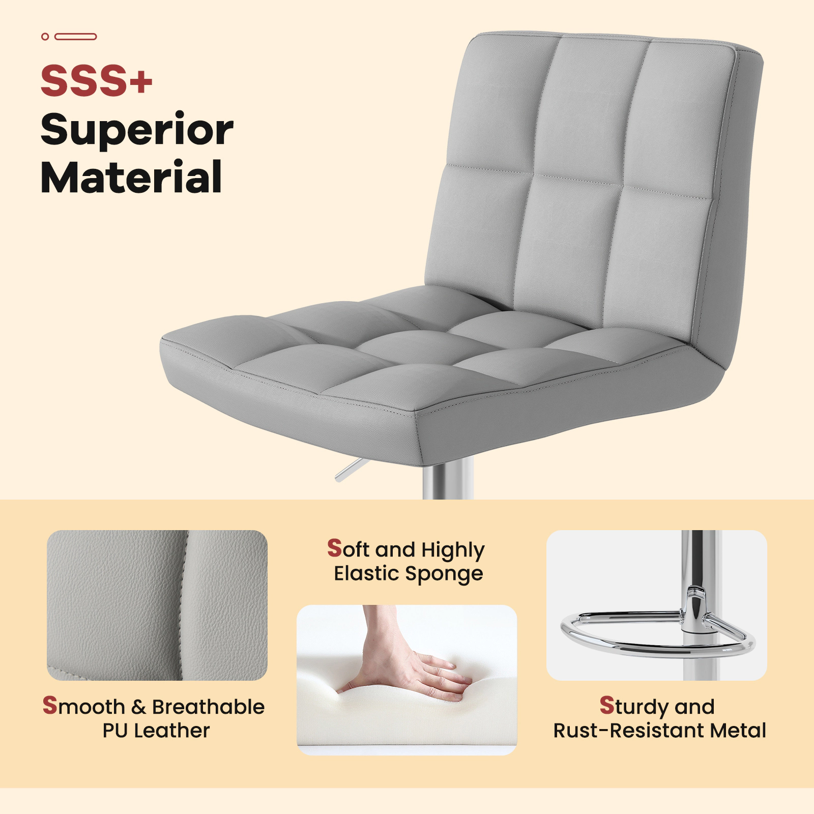 SUGIFT Square Swivel Adjustable Bar Stools with Back and Footrest 250-Lb Capacity 25.5-33.5 in Seat Height Gray