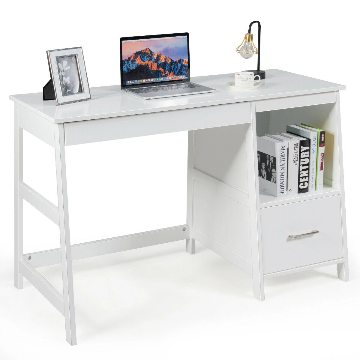 SUGIFT Open Shelf Glide Drawer Metal Frame Computer Desk 45-in x 20-in x 30.5-in 155-lb Capacity 29.5-in Legroom White