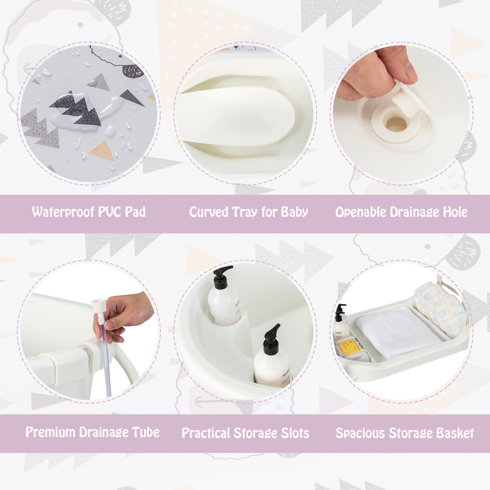 SUGIFT Folding Baby Changing Table White with Bathtub and 4 Lockable Wheels