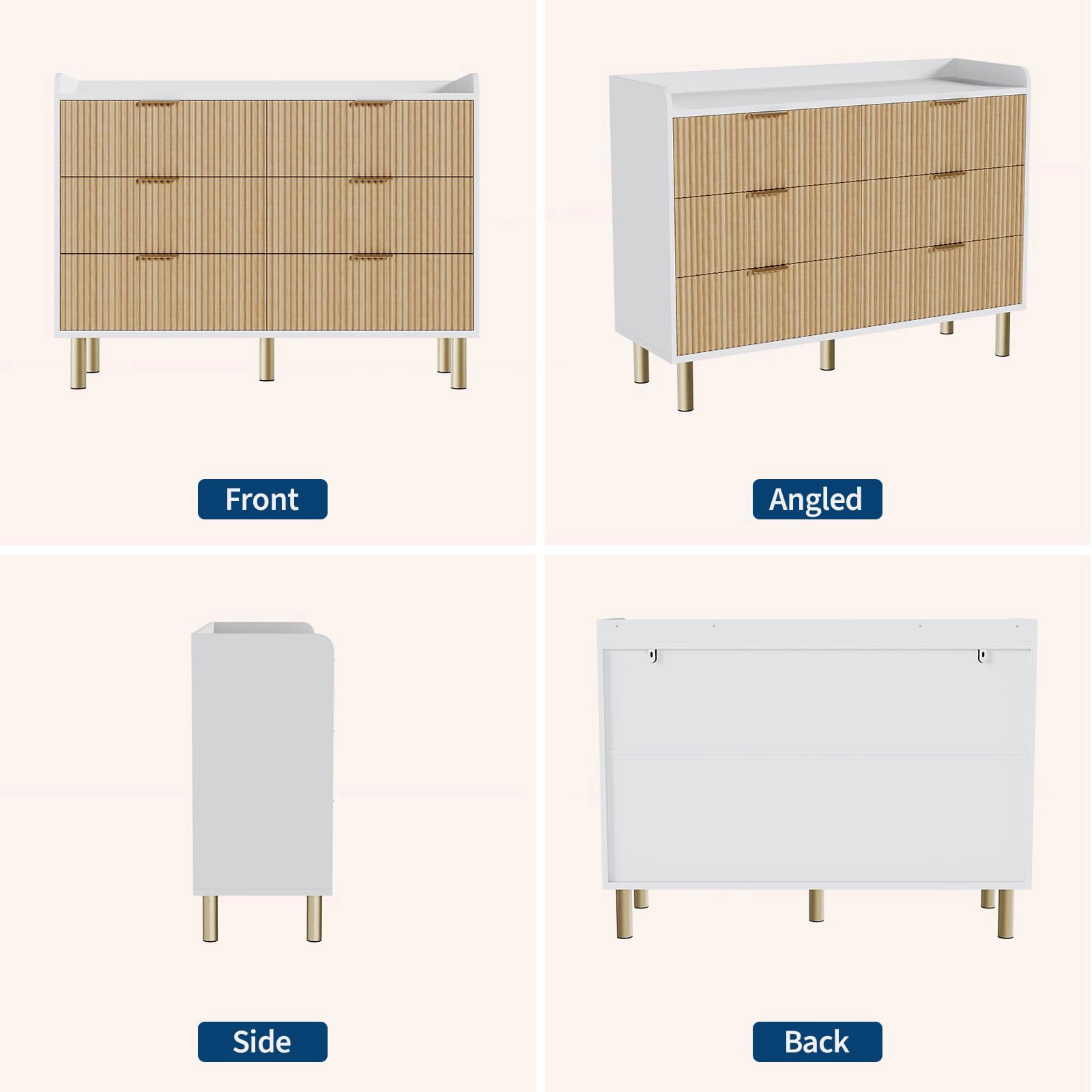 6 Drawer Fluted Wood Dresser, 47.2" Wide Storage Cabinet with Metal Handles for Bedroom