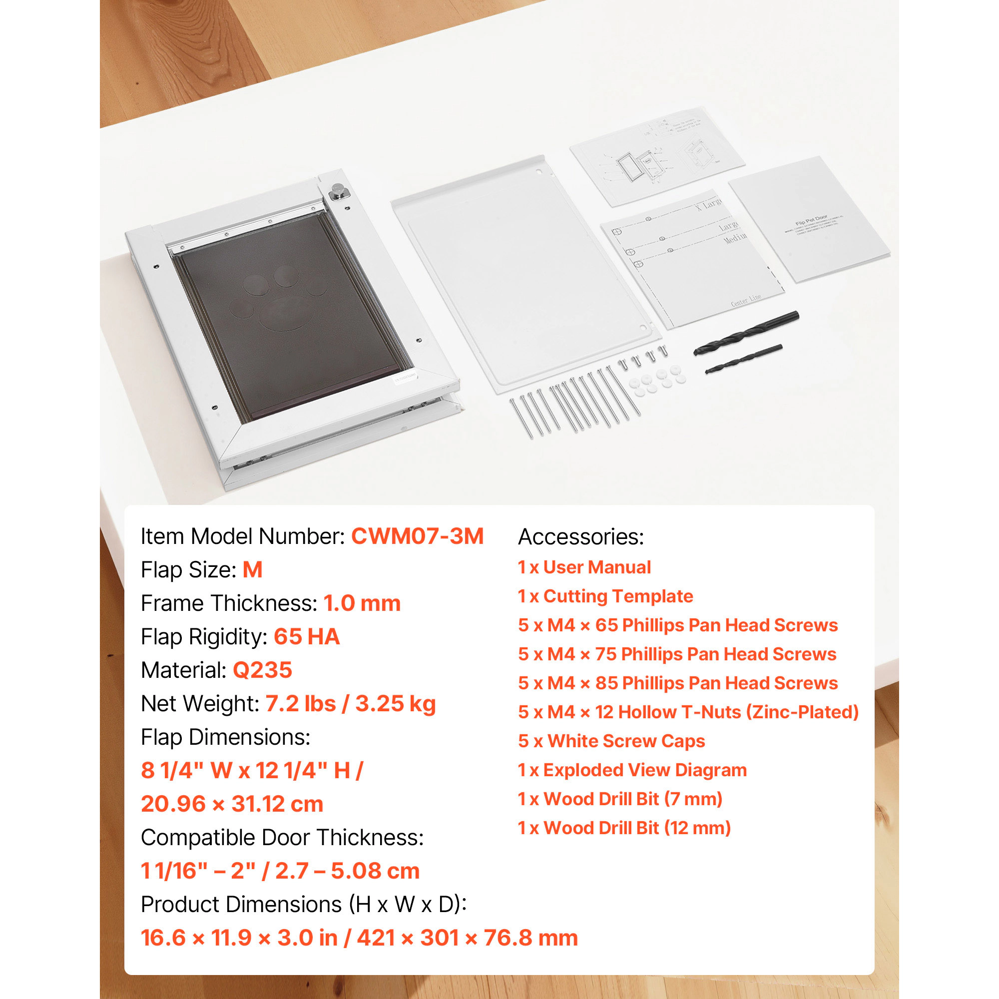 HONGGE Pet Door for Doors, Medium Triple Magnetic Flap, Weatherproof Metal Frame for In-and-Out Access, White