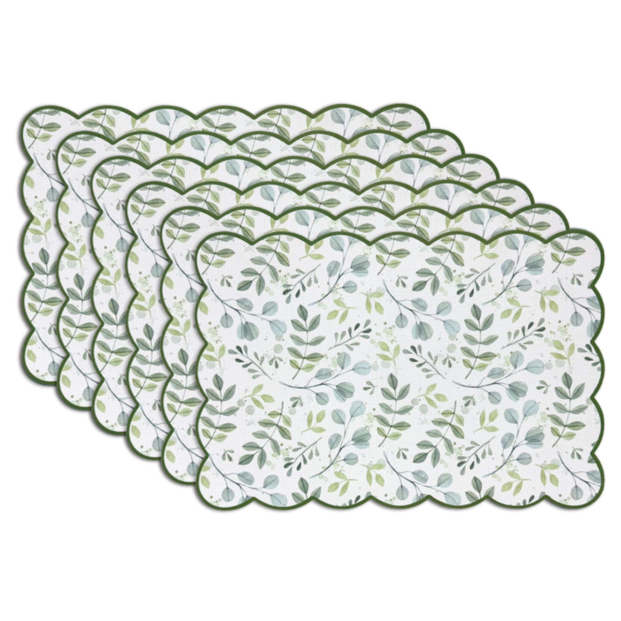 Dainty Home Leaves Woven Vinyl Scalloped Border Reversible 13" x 19" Placemat Set of 6