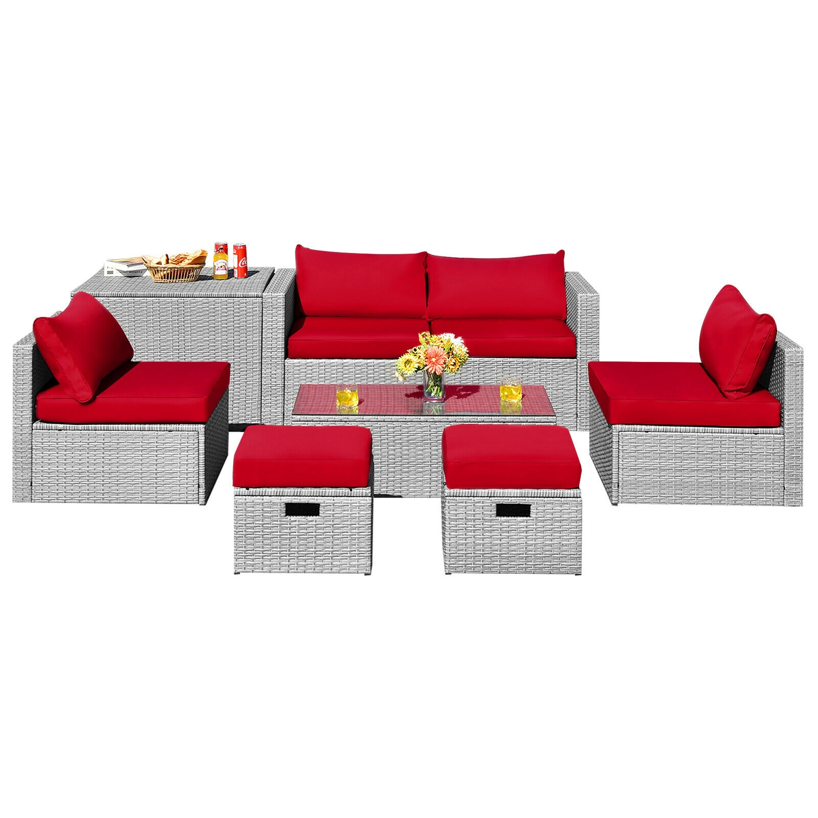 SUGIFT 8-Piece Red Rattan Patio Sectional Set with Storage Box, Cover and Glass Table