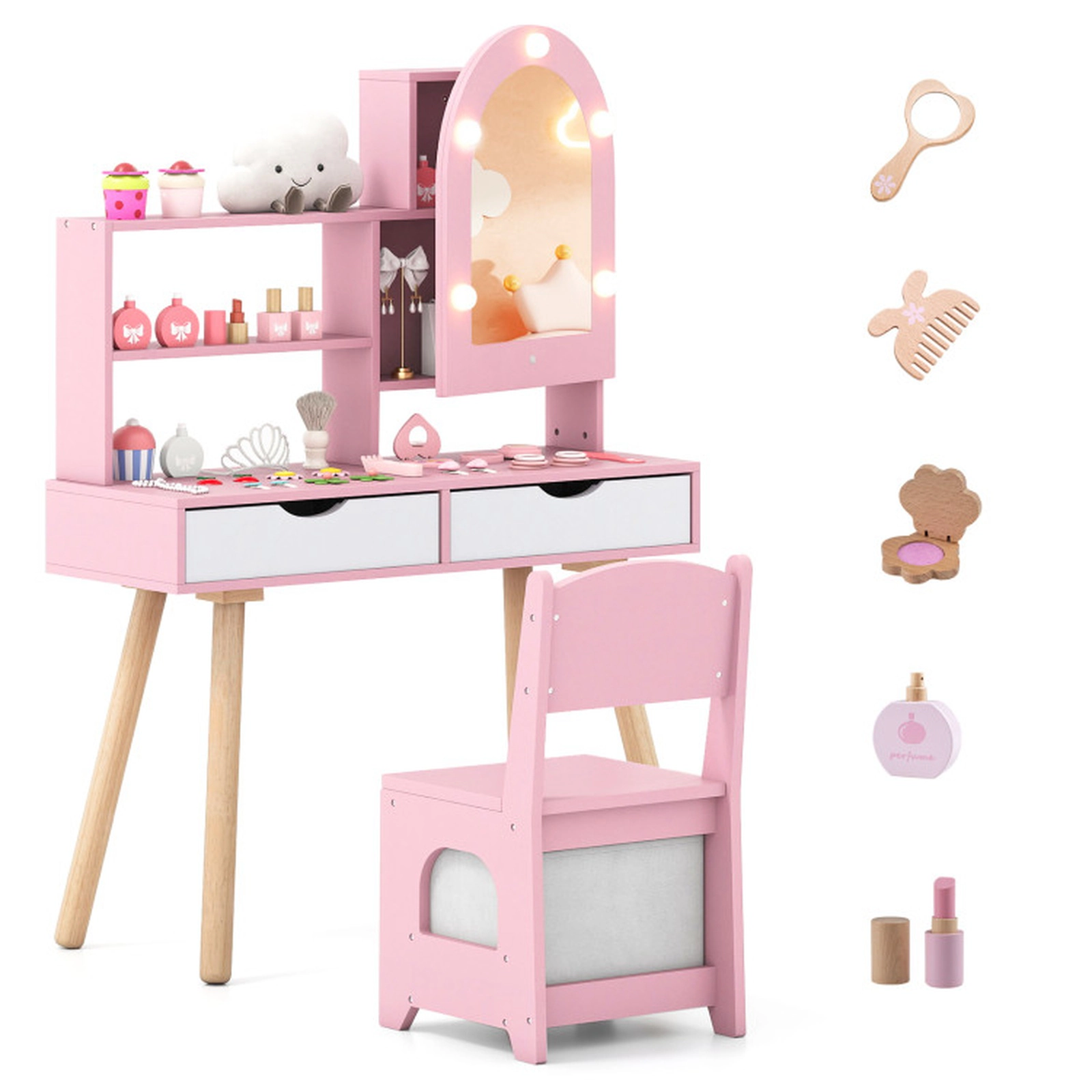 SUGIFT Kids Vanity Pretend Play Dressing Table Set 3-Color Lighted Mirror 44-lb Tabletop Capacity Ages 3+ Pink/White
