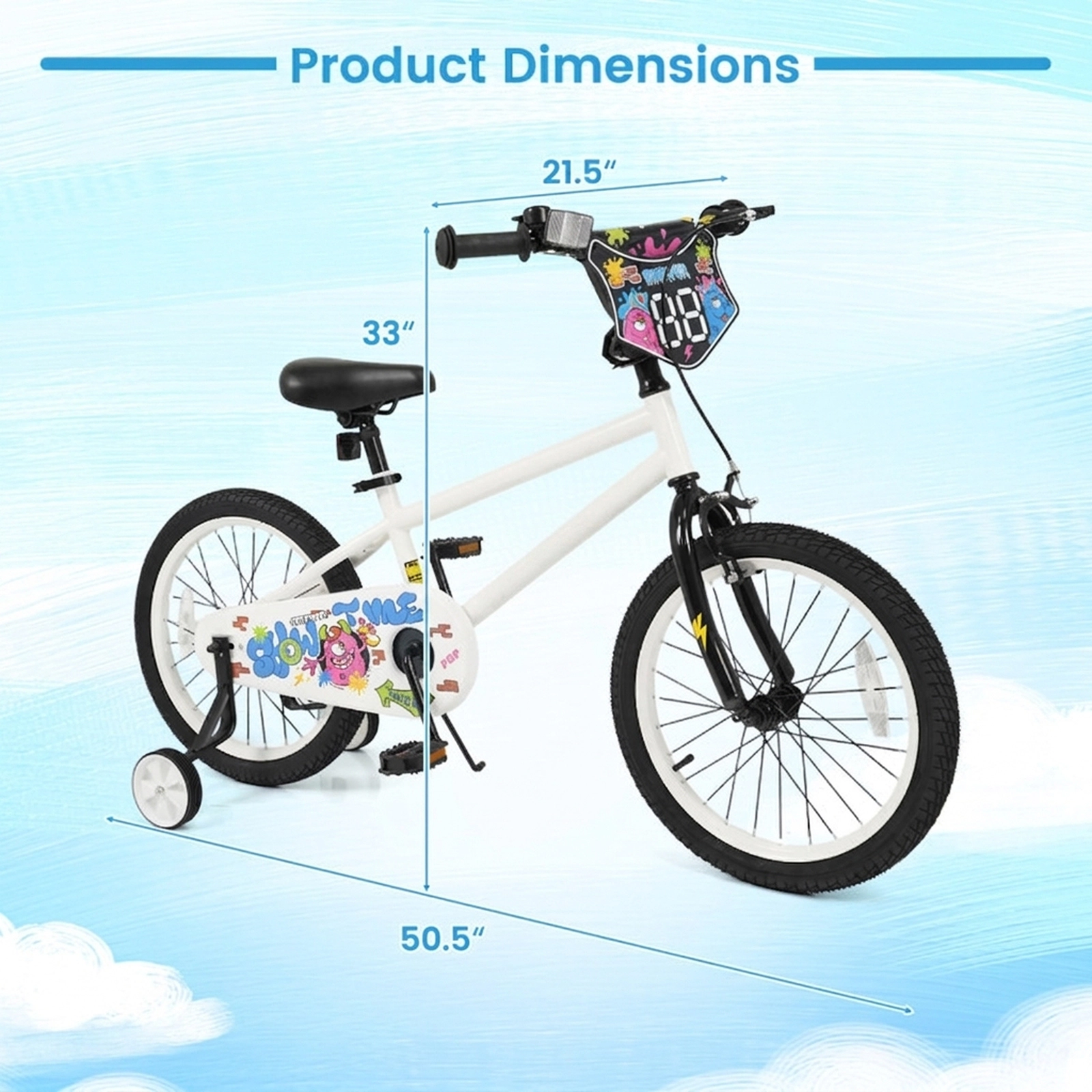SUGIFT Adjustable 18-Inch Kids Bike with Training Wheels 130-lb Capacity Ages 4-8 White 50.5 x 21.5 x 33 in One Bike