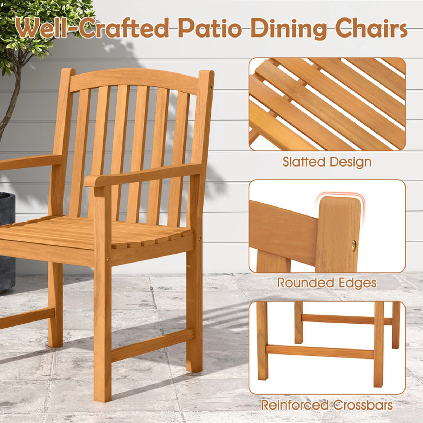SUGIFT Solid Acacia Wood Dining Chairs Set of 2 with Slatted Seat and Inclined Backrest 400-lb Capacity Natural