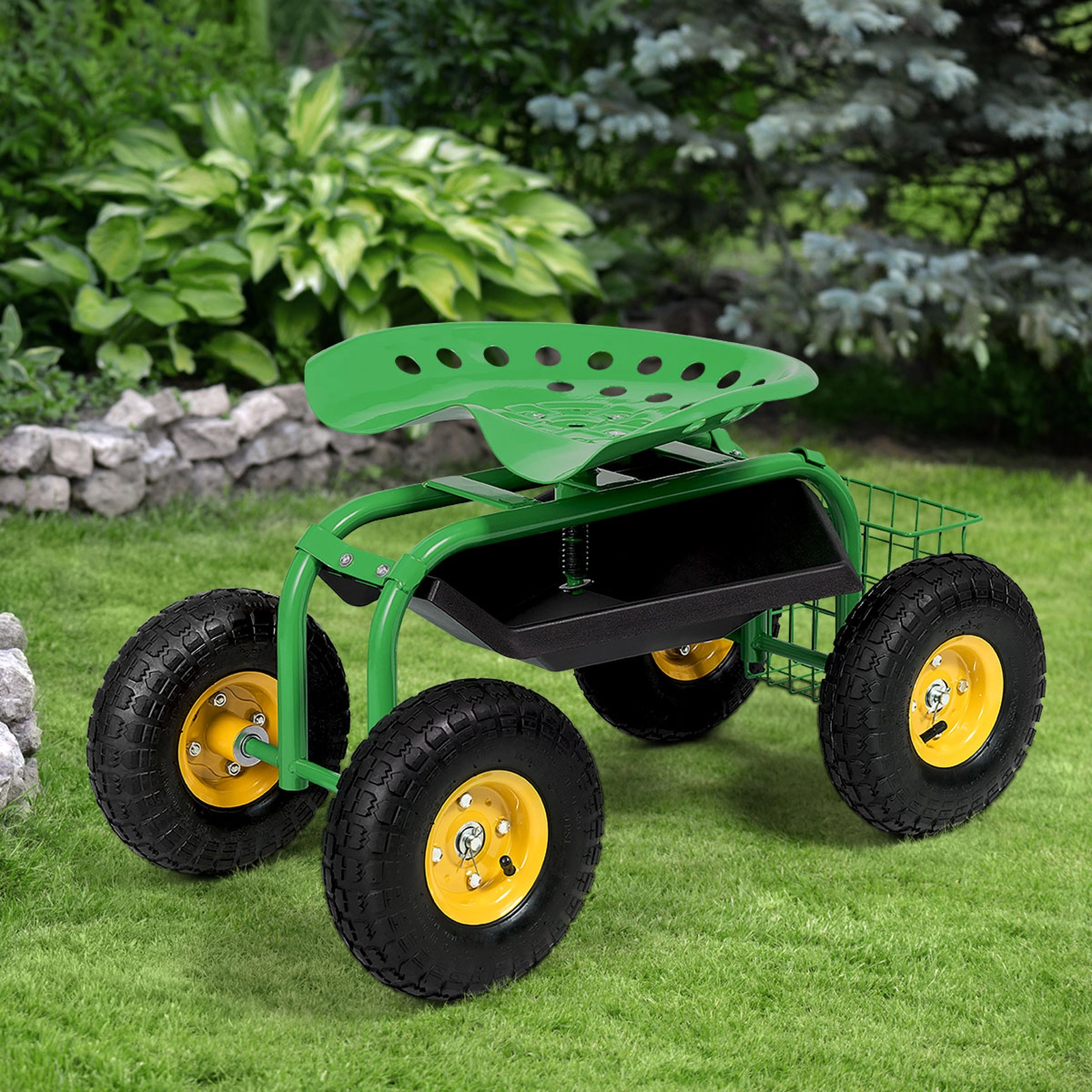 SUGIFT Height-Adjustable Rolling Garden Work Seat Cart with Tool Tray 330-lb Capacity Green