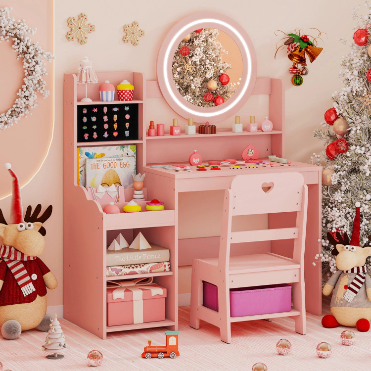 Hivvago Kids Vanity Desk With Mirror And Lights Princess Pretend Play Dressing Table Chair Set