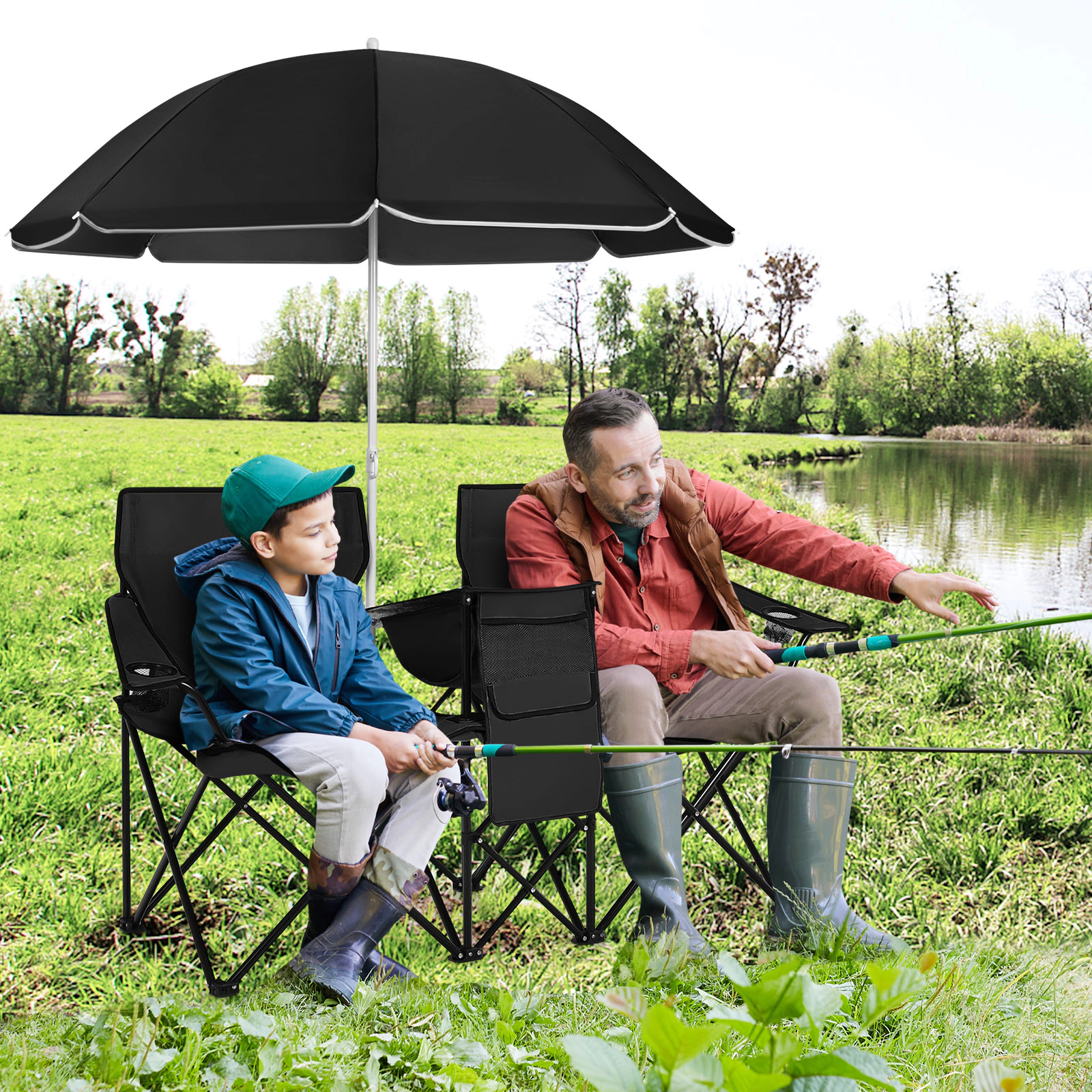 SUGIFT 2-Person 600-lb Capacity Folding Double Chair Loveseat with Height-Adjustable Umbrella and Cooler Bag