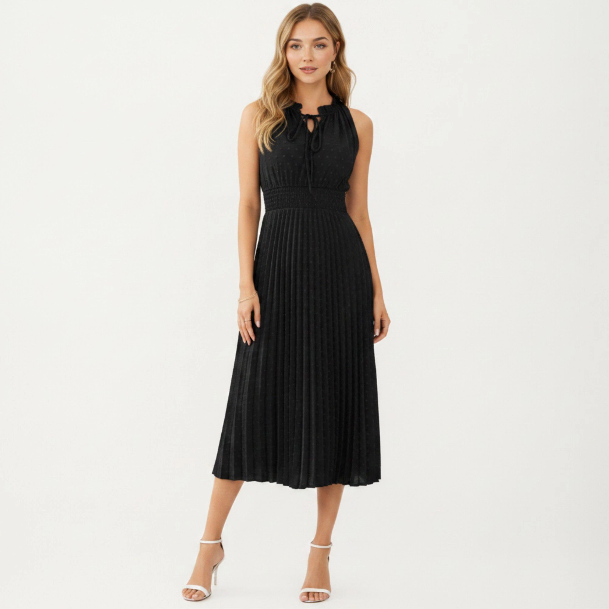 Anna-Kaci Women's Sleeveless Pleated Midi Dress with Smocked Waist and Tie Neck Detail