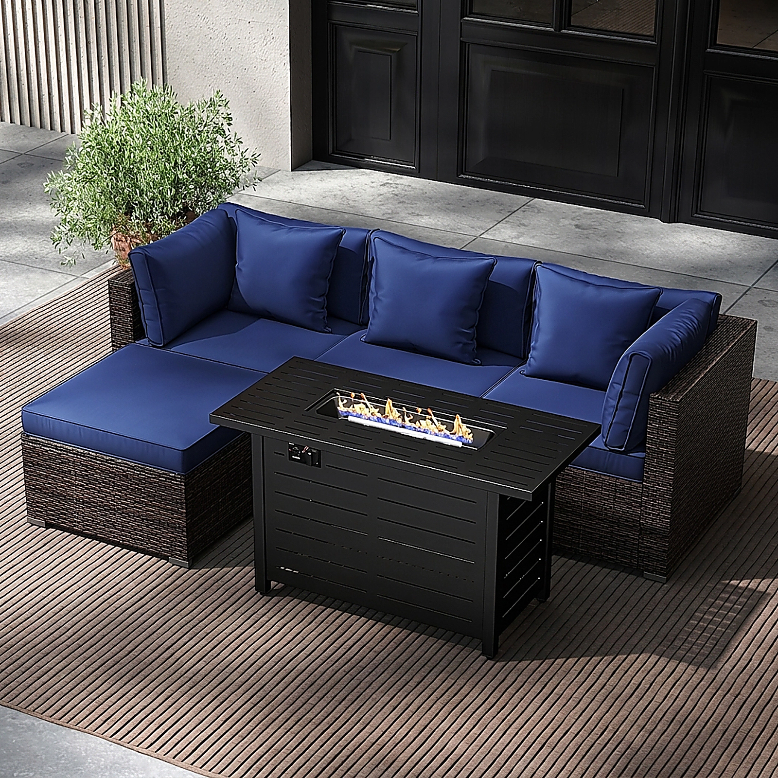SUGIFT 5-Piece Navy Rattan Patio Sectional Set with 60,000-BTU Fire Pit Table