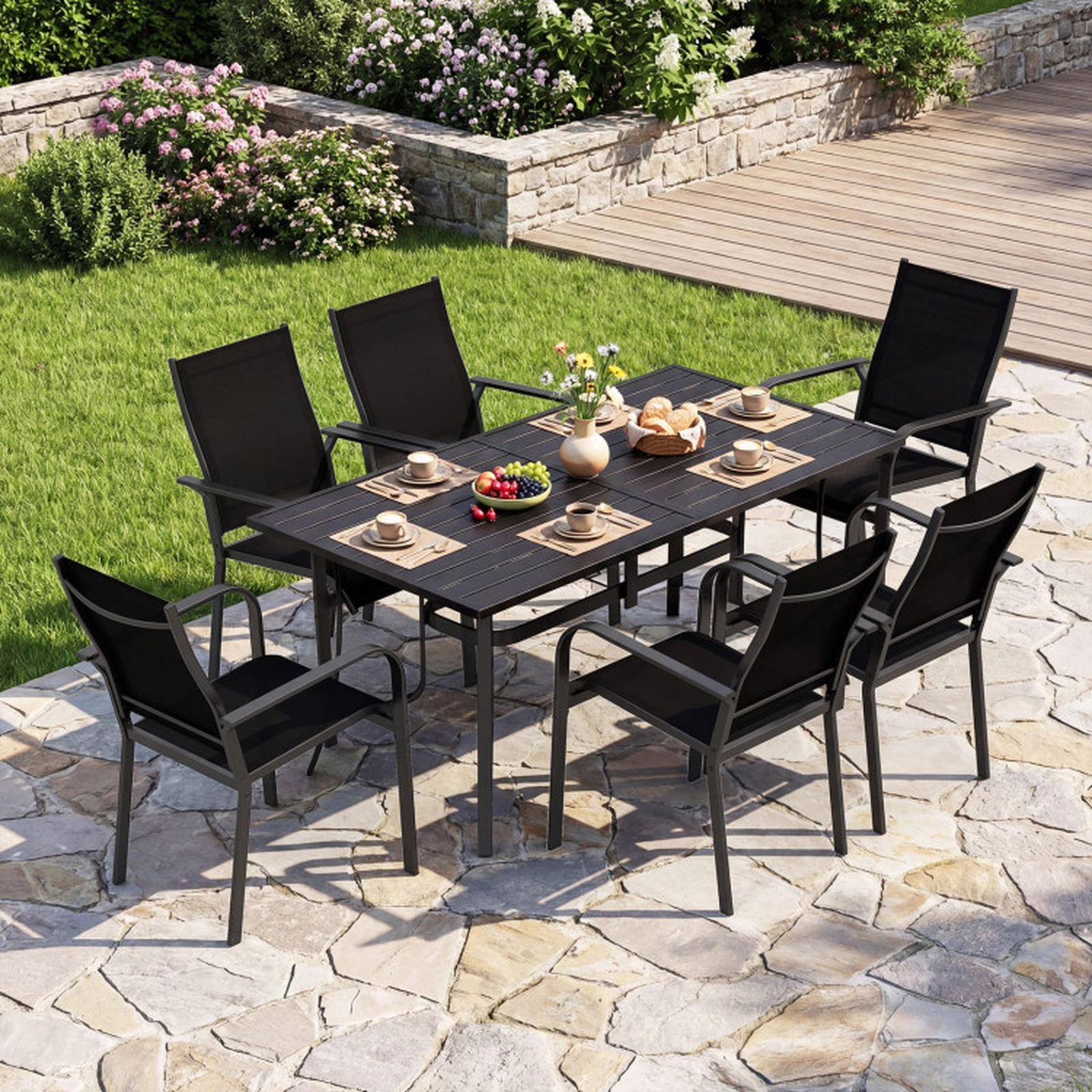 SUGIFT 6-Person Metal Slat Top Umbrella Hole Rectangle Patio Dining Table 63-in x 33-in x 29-in 330-lb Capacity Black