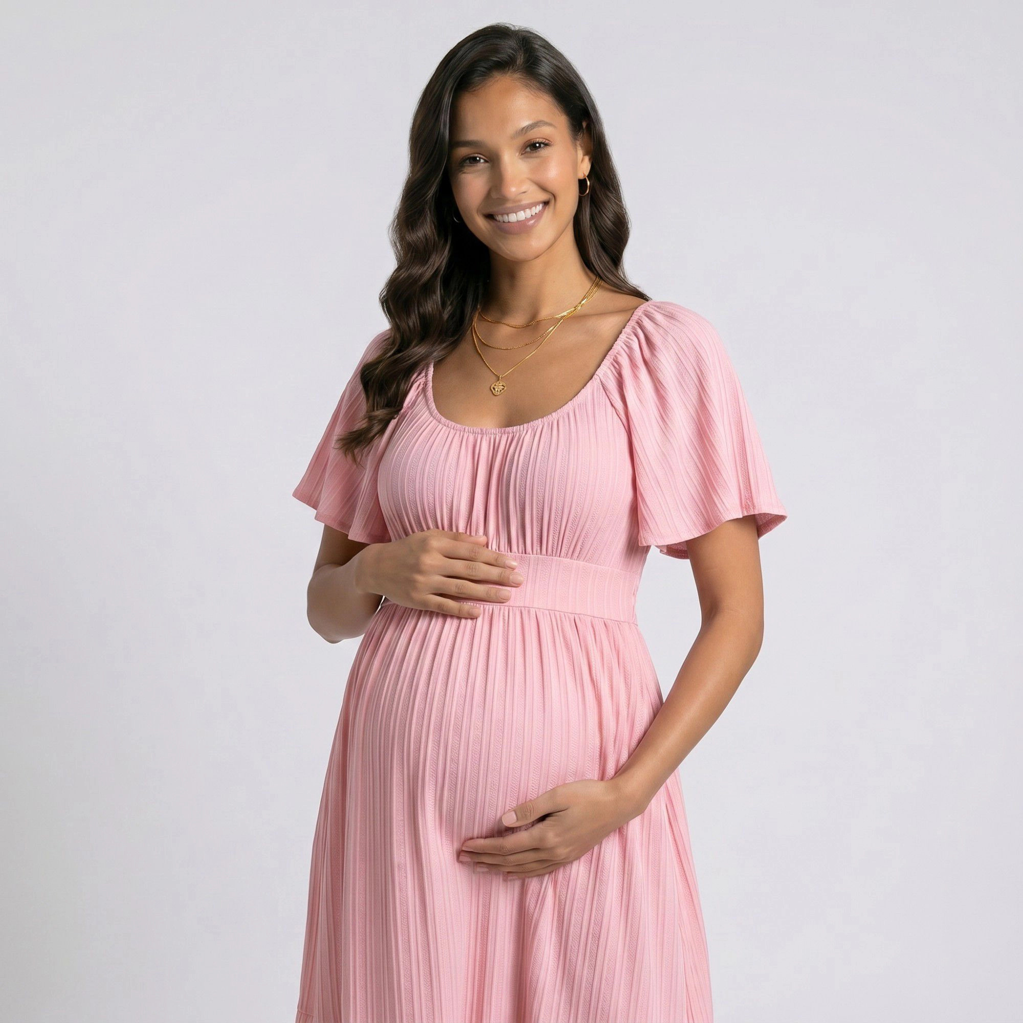 Anna-Kaci Women's Pleated Flutter Sleeve Tiered Skirt Maternity Maxi Dress