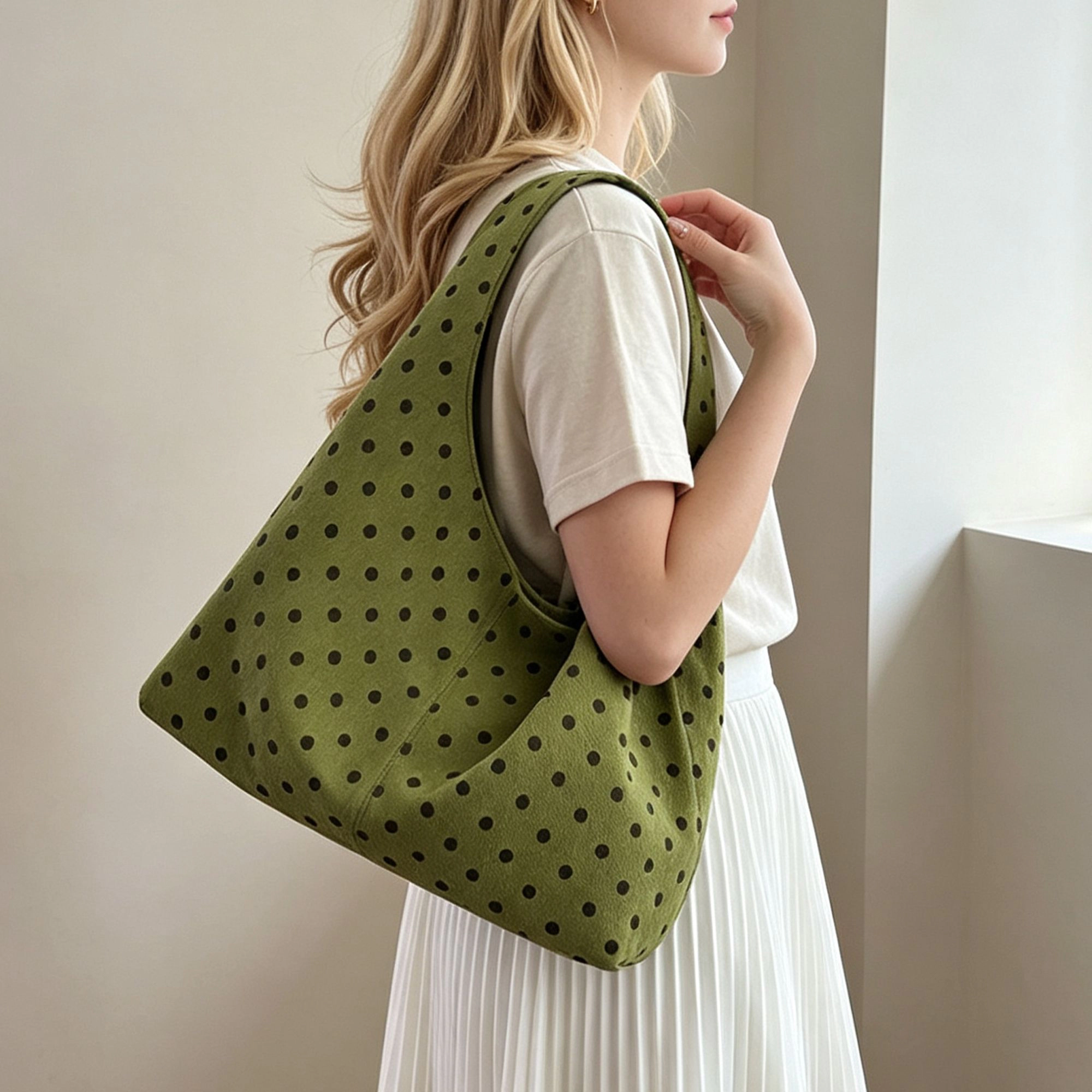 Alilang Womens Polka Dot Corduroy Hobo Shoulder Bag with Wide Strap and Interior Pockets, Green
