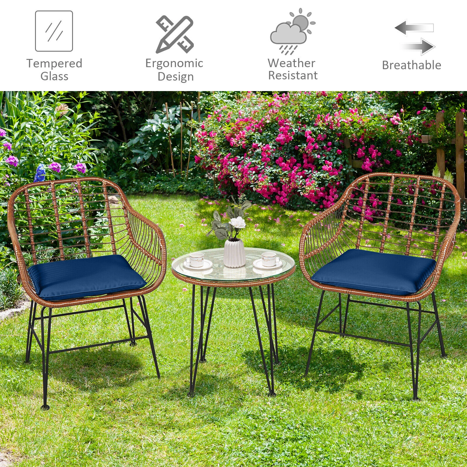 SUGIFT 3 Piece Patio Rattan Bistro Set Navy with Armchairs and Round Side Table