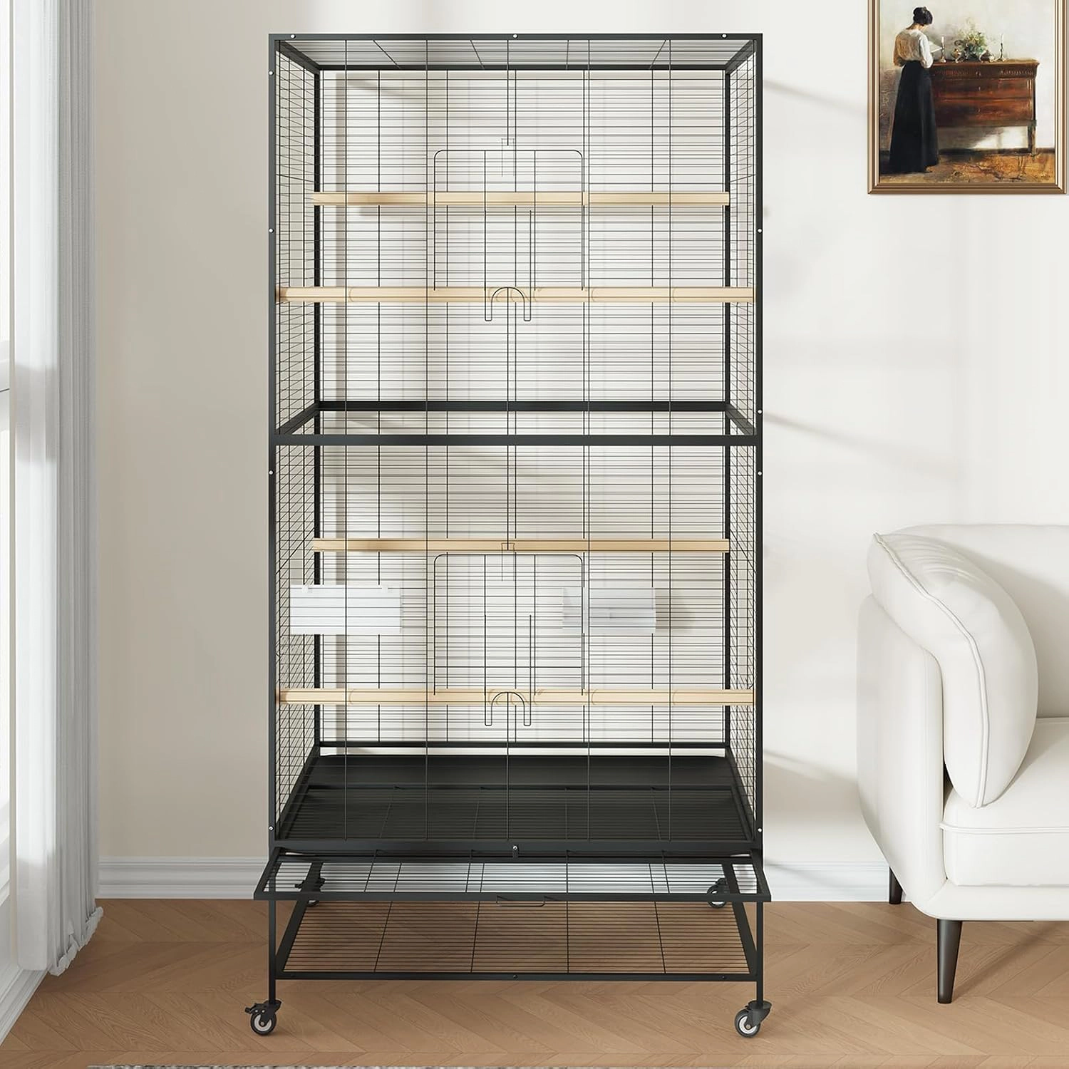 66-Inch Flat-Top Wrought-Iron Parrot Bird Cage, Rolling-Stand Large Pet Aviary for Parakeets