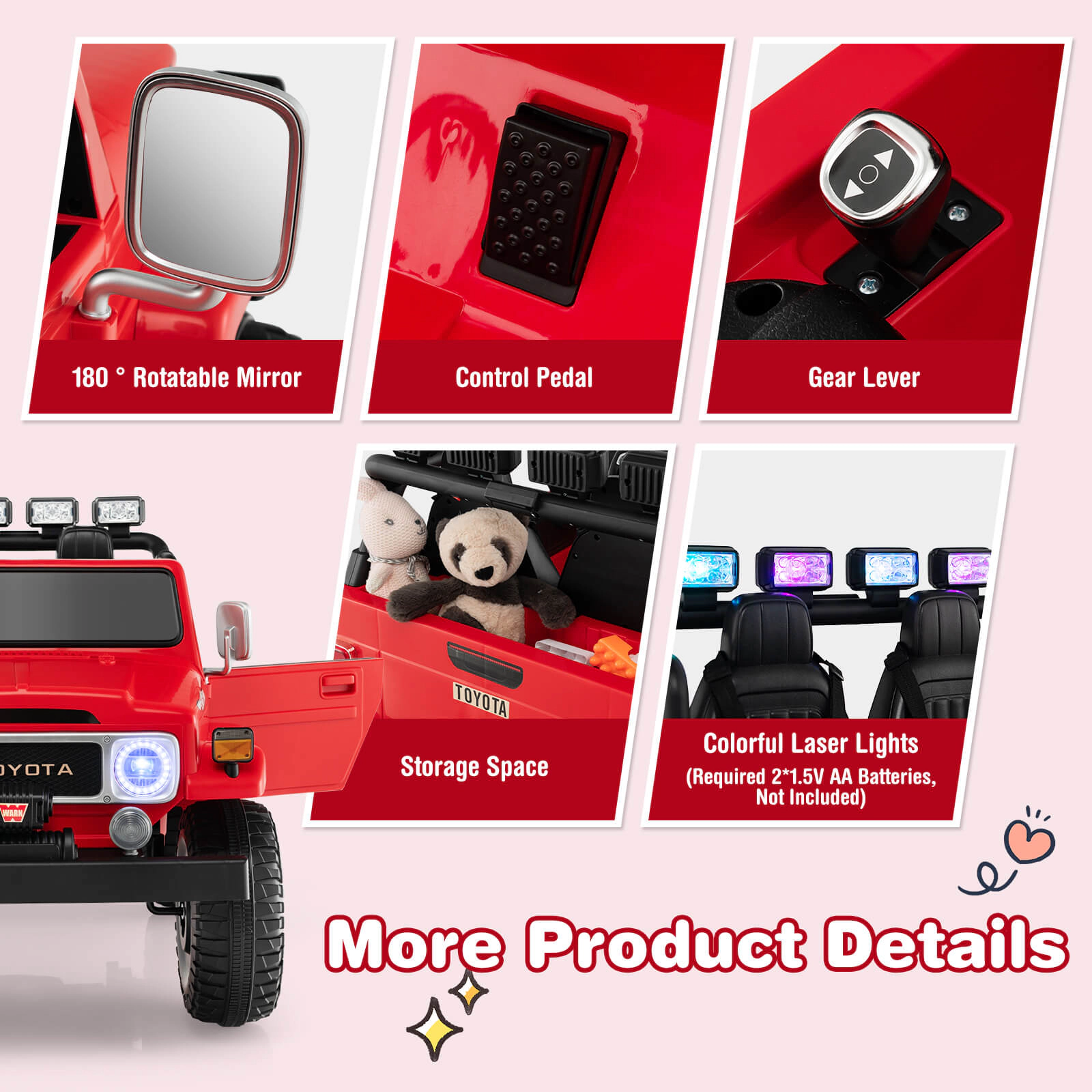 SUGIFT Red 2.4G Remote Control 2 Seat Kids 12V Licensed Toyota FJ40 Ride On Car