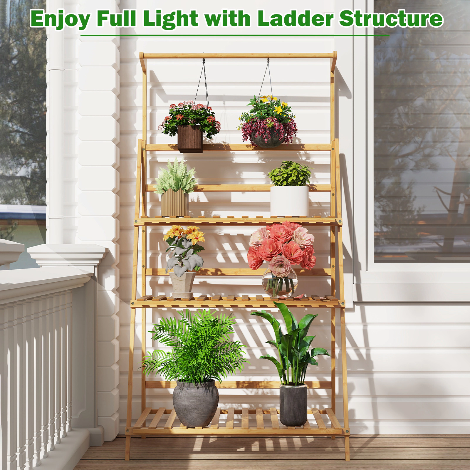 LJG 3 Tier Bamboo Hanging Plant Stand with Height Adjustable Hanger Rod