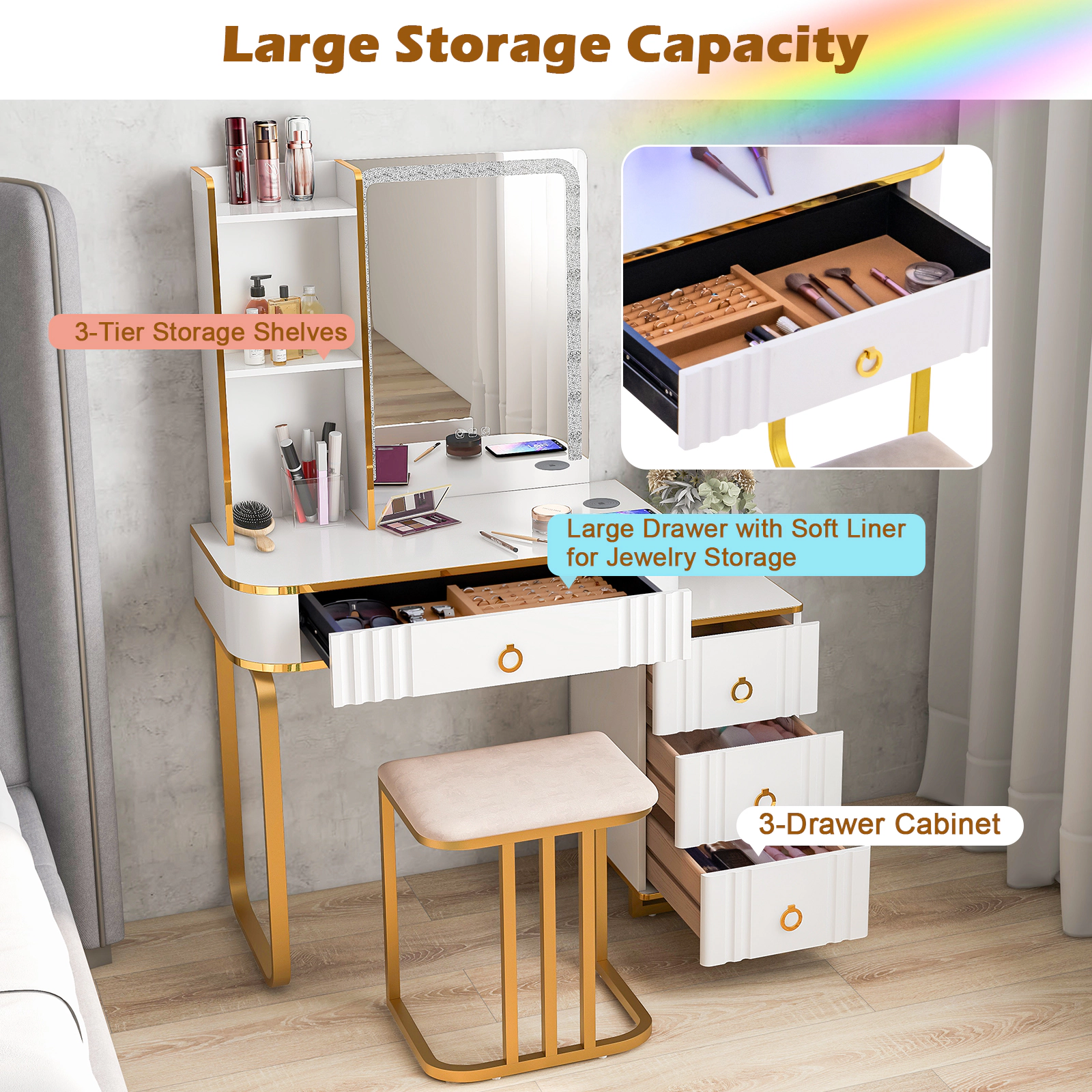 SUGIFT White Vanity Table Set with RGB LED Mirror, Wireless Charging and Stool