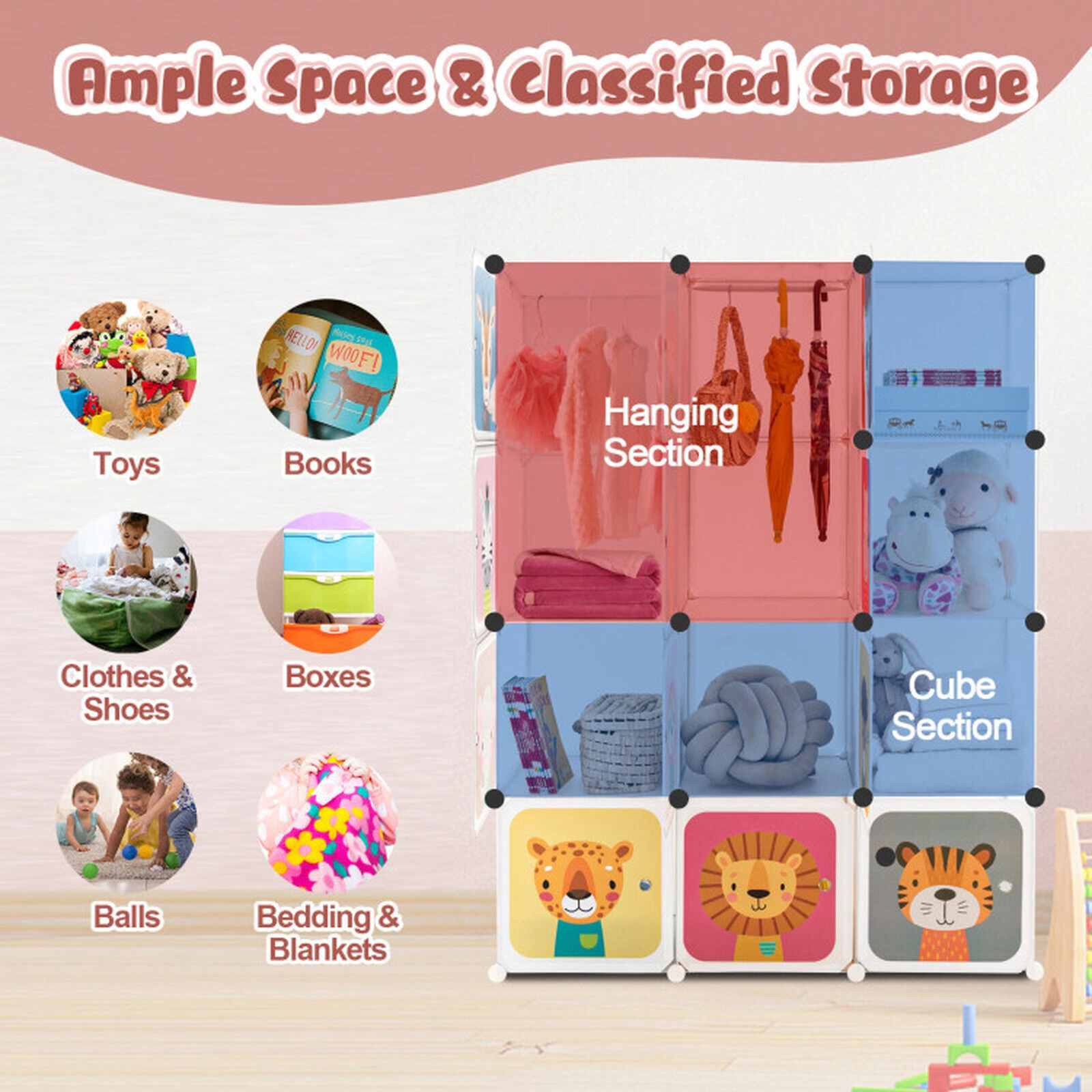 SUGIFT Kids 12-Cube Animal Print Doors Hanging Section Wardrobe Closet 43-in x 14-in x 57-in 22-lb per Cube White