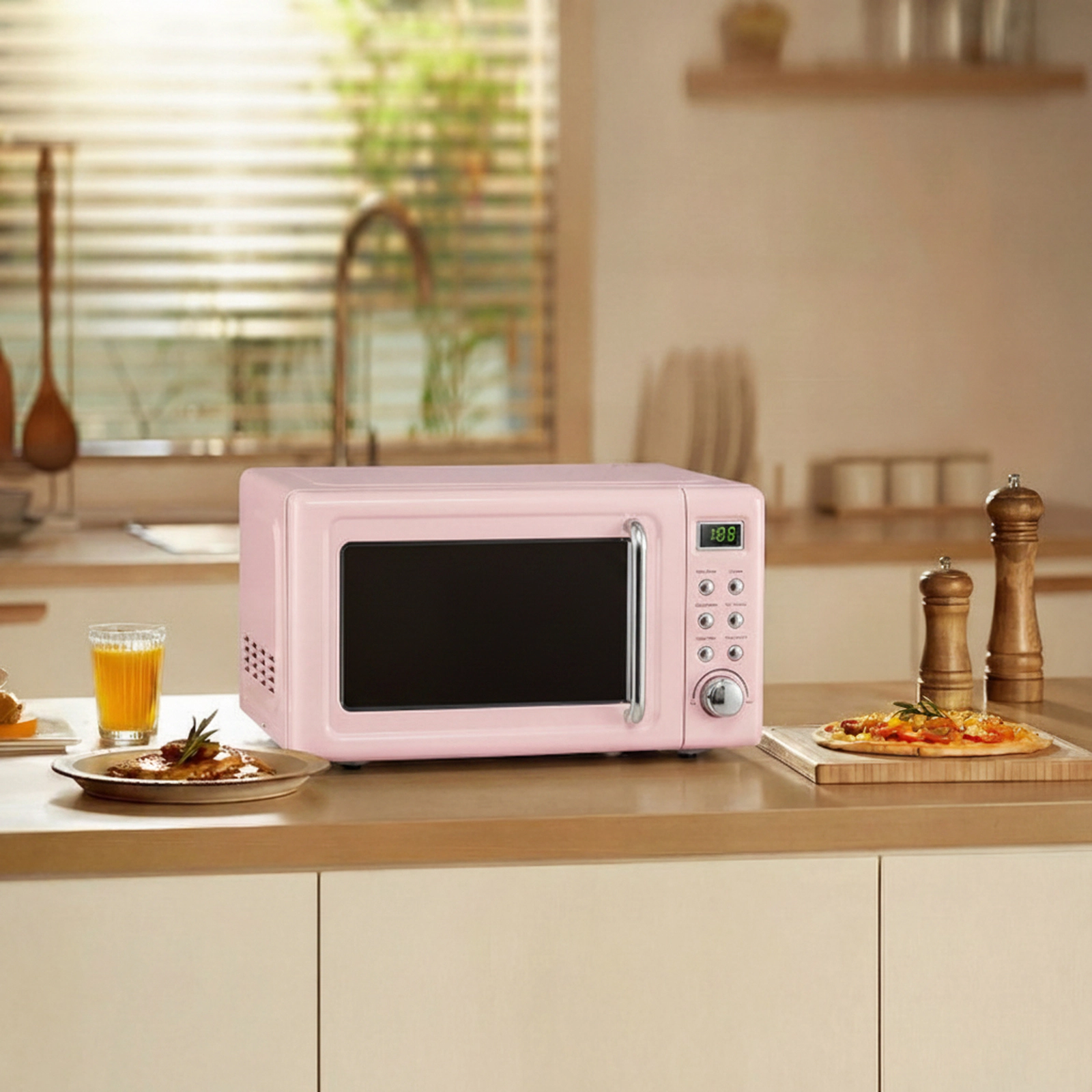 SUGIFT Pink Retro Countertop Microwave Oven with 5 Power Levels and Auto Cooking 0.7-Cu-Ft 700W 18-in W 14-in D