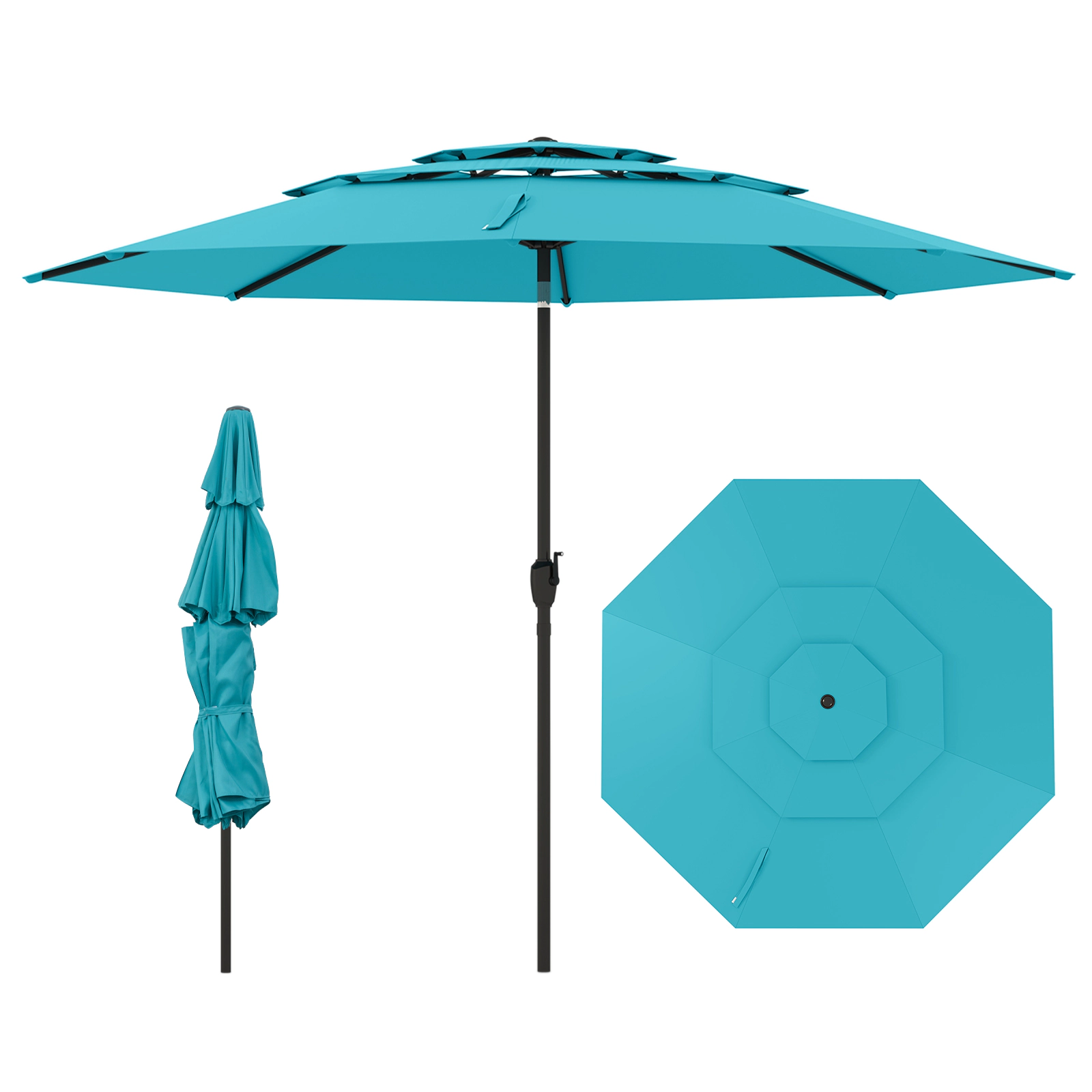 SUGIFT 10-ft Turquoise 3-Tier Vented Patio Umbrella with Crank Lift Tilt Button and 8 Thickened Ribs