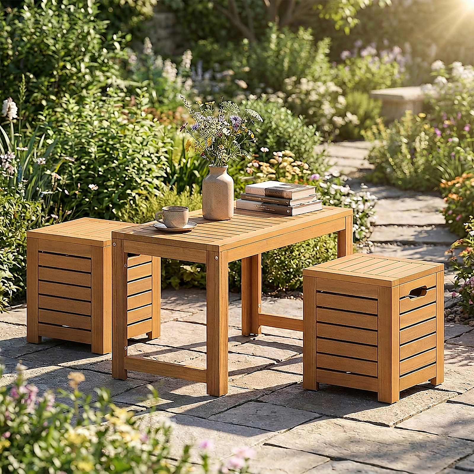 SUGIFT 2 Storage Stools 3-Piece Natural Acacia Wood Patio Coffee Table Set