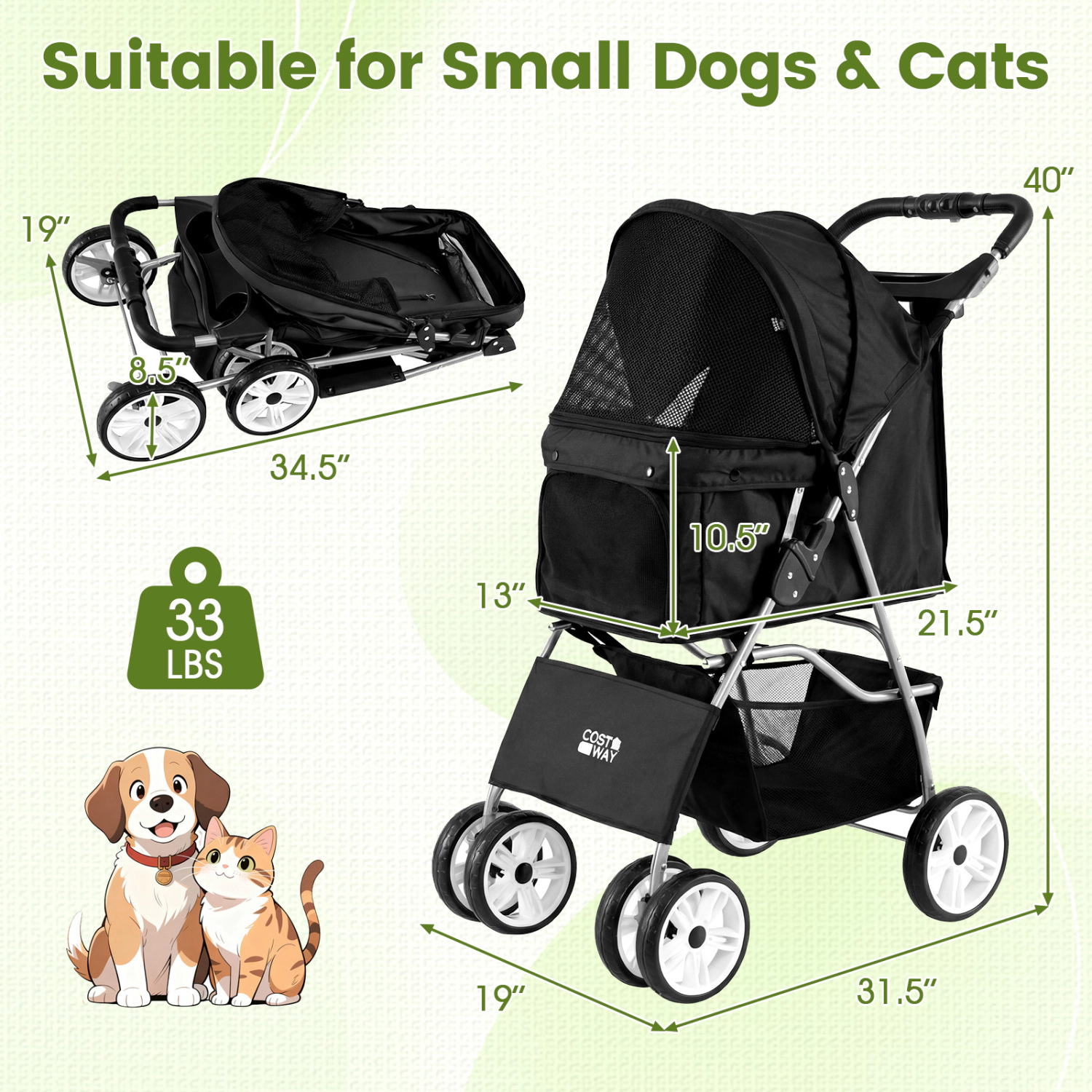 SUGIFT 31.5 x 40-in 33-lb Capacity Black 4-Wheel Lightweight Foldable Cat Dog Pet Stroller with Mesh Skylight