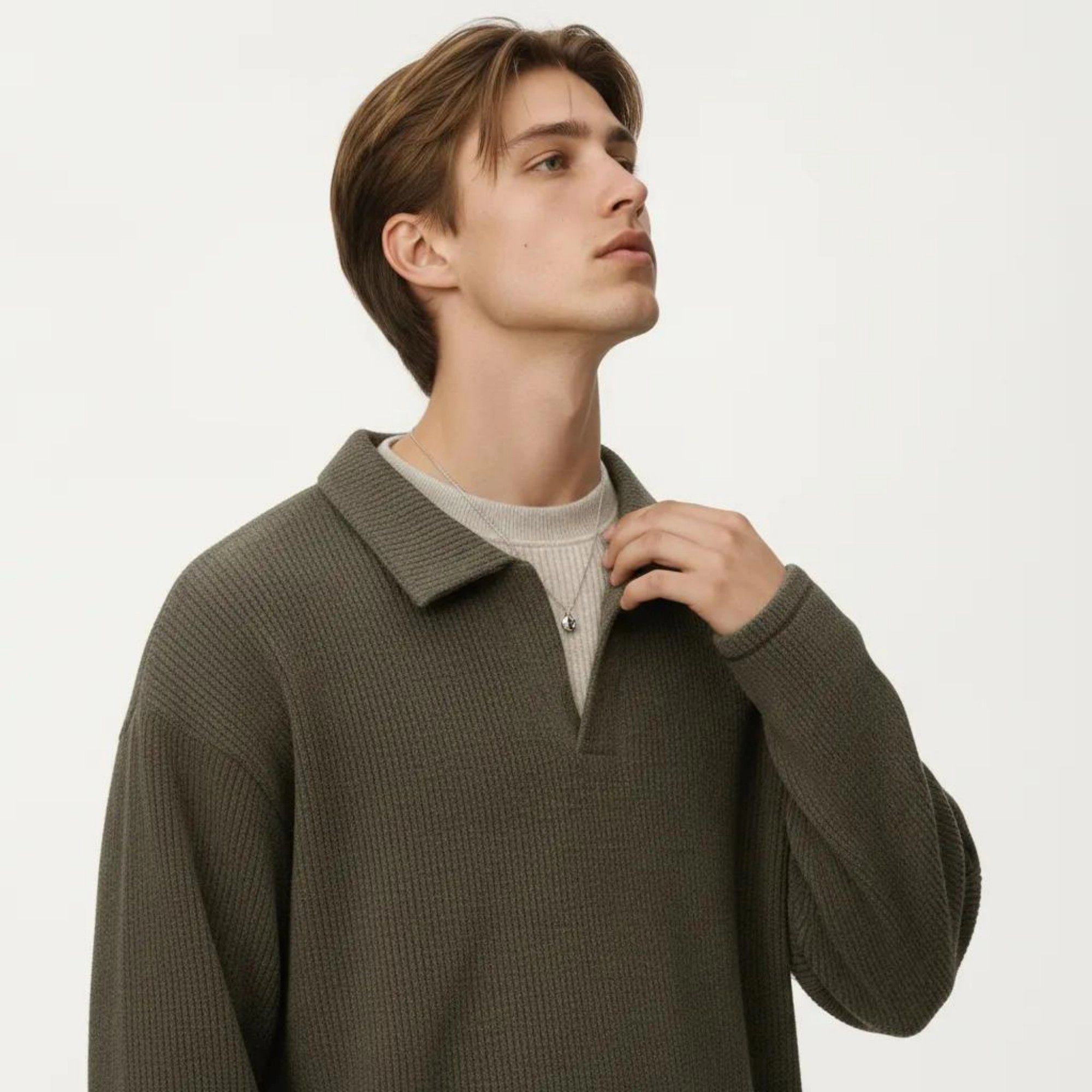 Anna-Kaci Men's Ribbed Long Sleeve Collared Pullover Top with Relaxed Fit