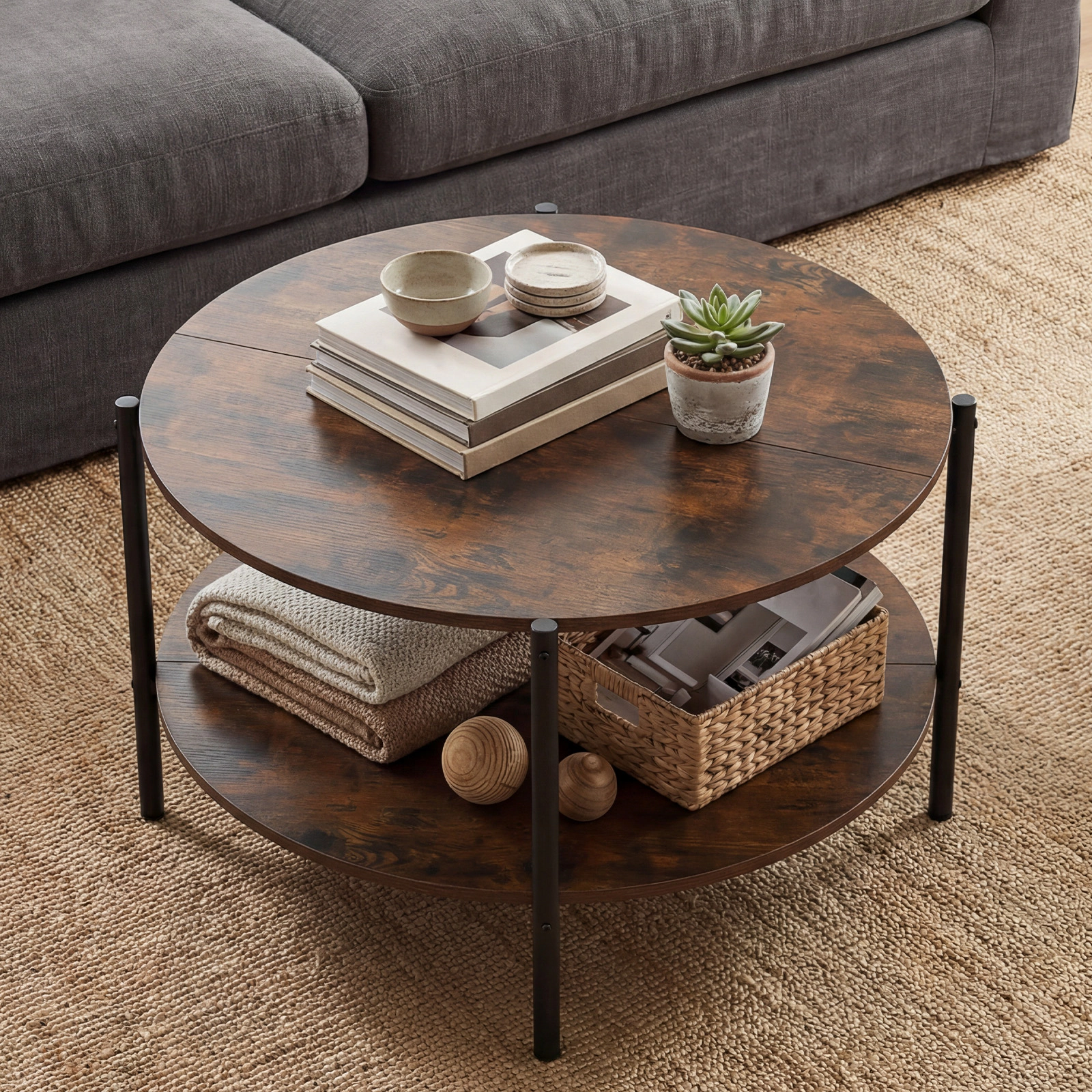 SUGIFT 2-Tier Round Coffee Table with Open Storage Shelf 200-lb Capacity Engineered Wood and Metal Rustic Brown