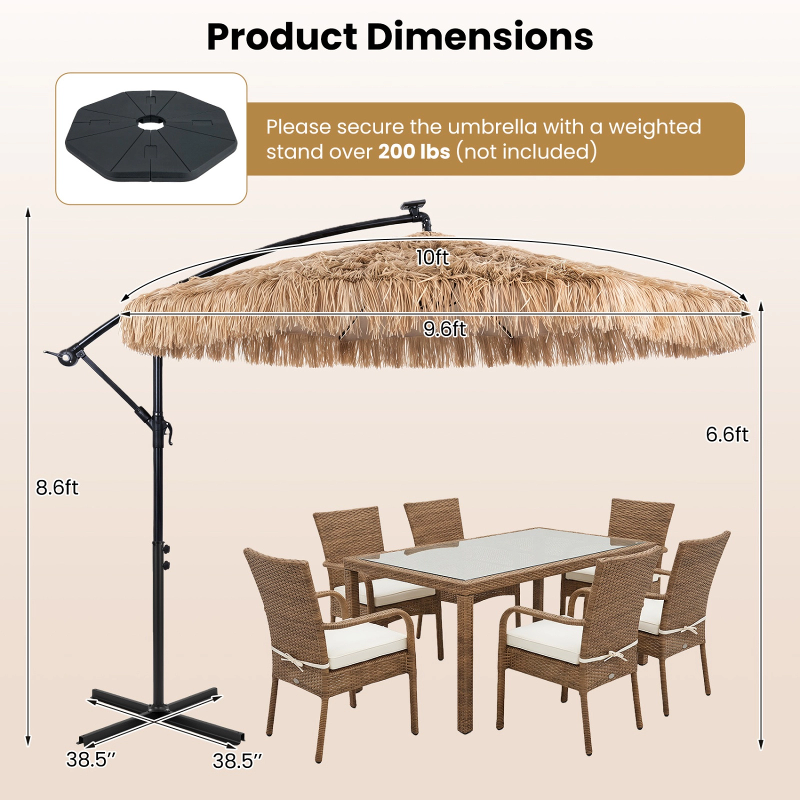 SUGIFT Solar Thatched Cantilever Umbrella with 96 Multi-Color Lights and 12 Modes 10-ft Canopy Natural + Black