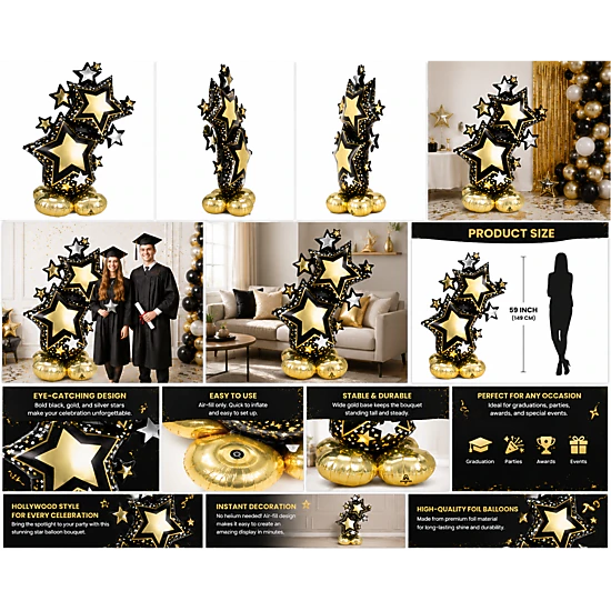 LoonBalloon 59 in Star Cluster Air-Fill Balloon Black and Gold, Color ...