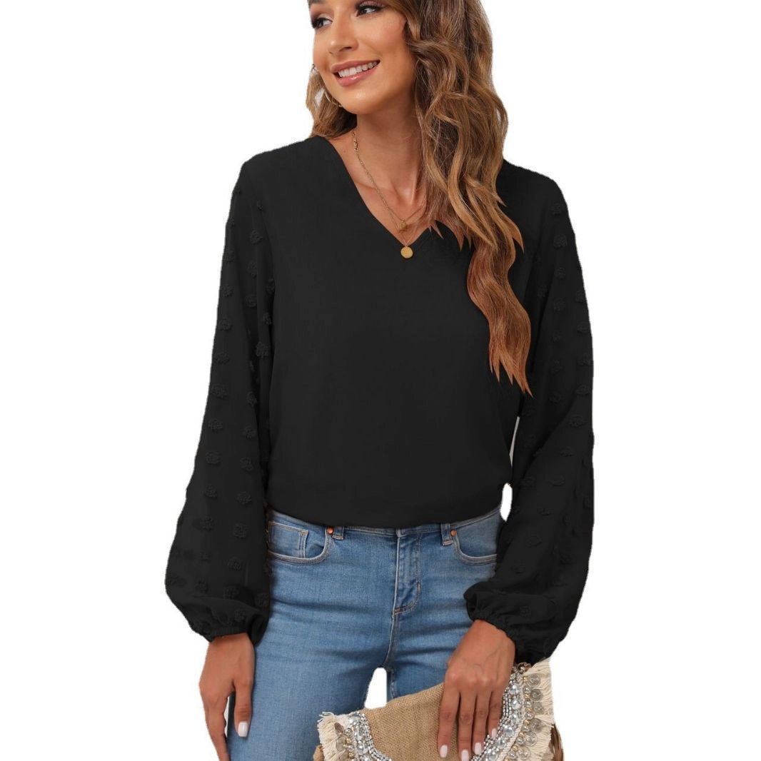 KOJOOIN Women's V Neck Blouse Swiss Dot Long Balloon Sleeve Loose Fit Textured Top Business Casual Shirt
